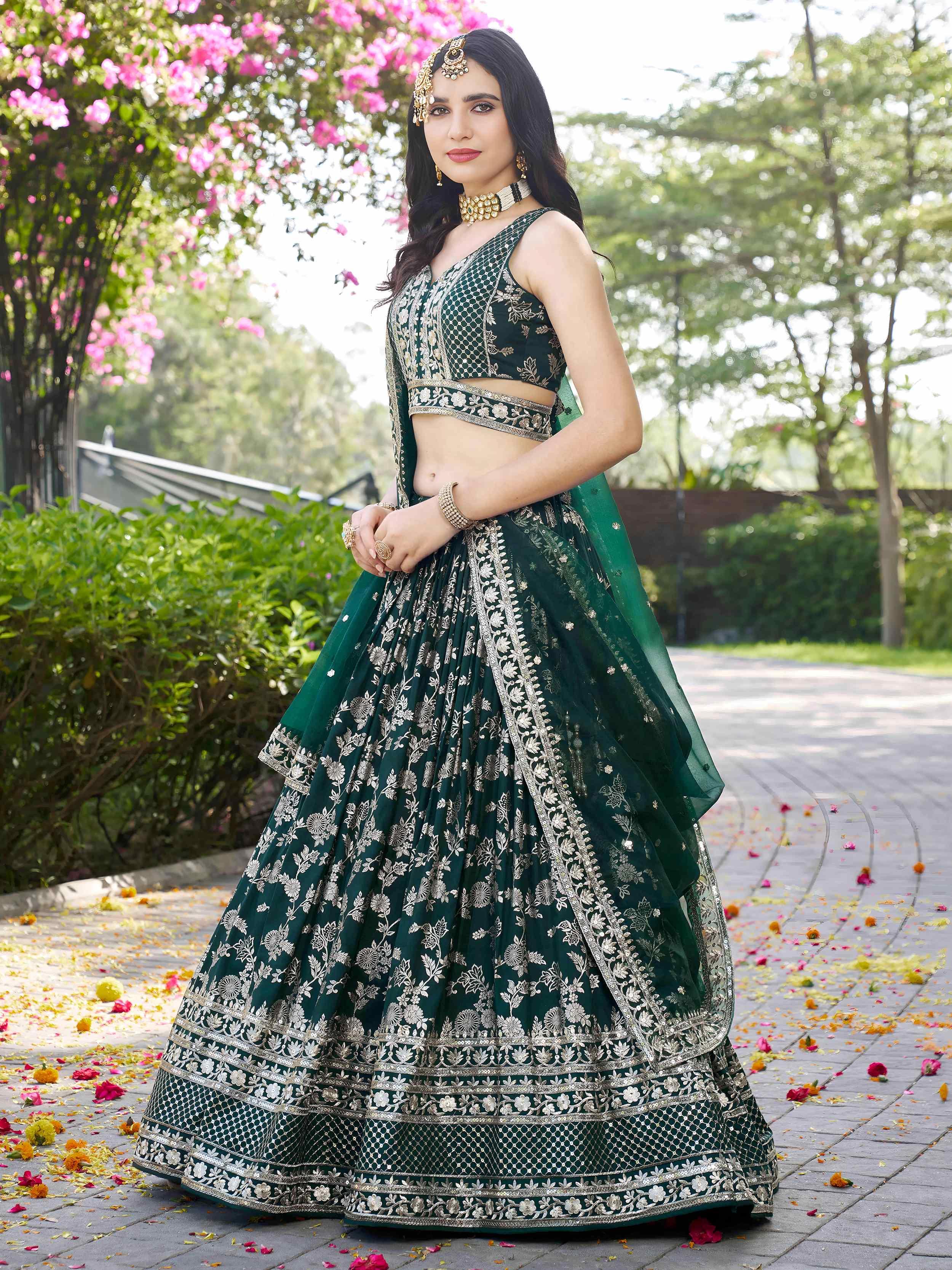 Emerald green Dola silk jacquard embroidered lehenga choli with dupatta