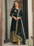 Emerald green georgette gown with zari and sequins embroidery and dupatta