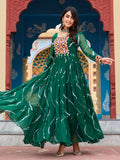Green bandhani print georgette navratri gown with kutchi patchwork