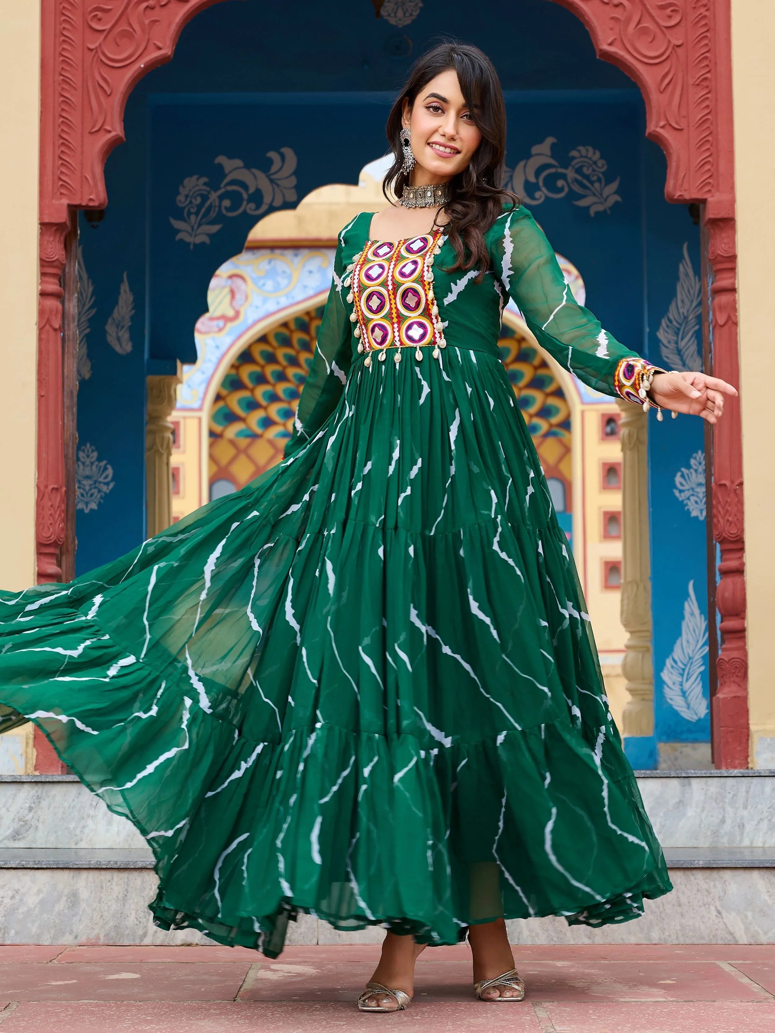 Green bandhani print georgette navratri gown with kutchi patchwork