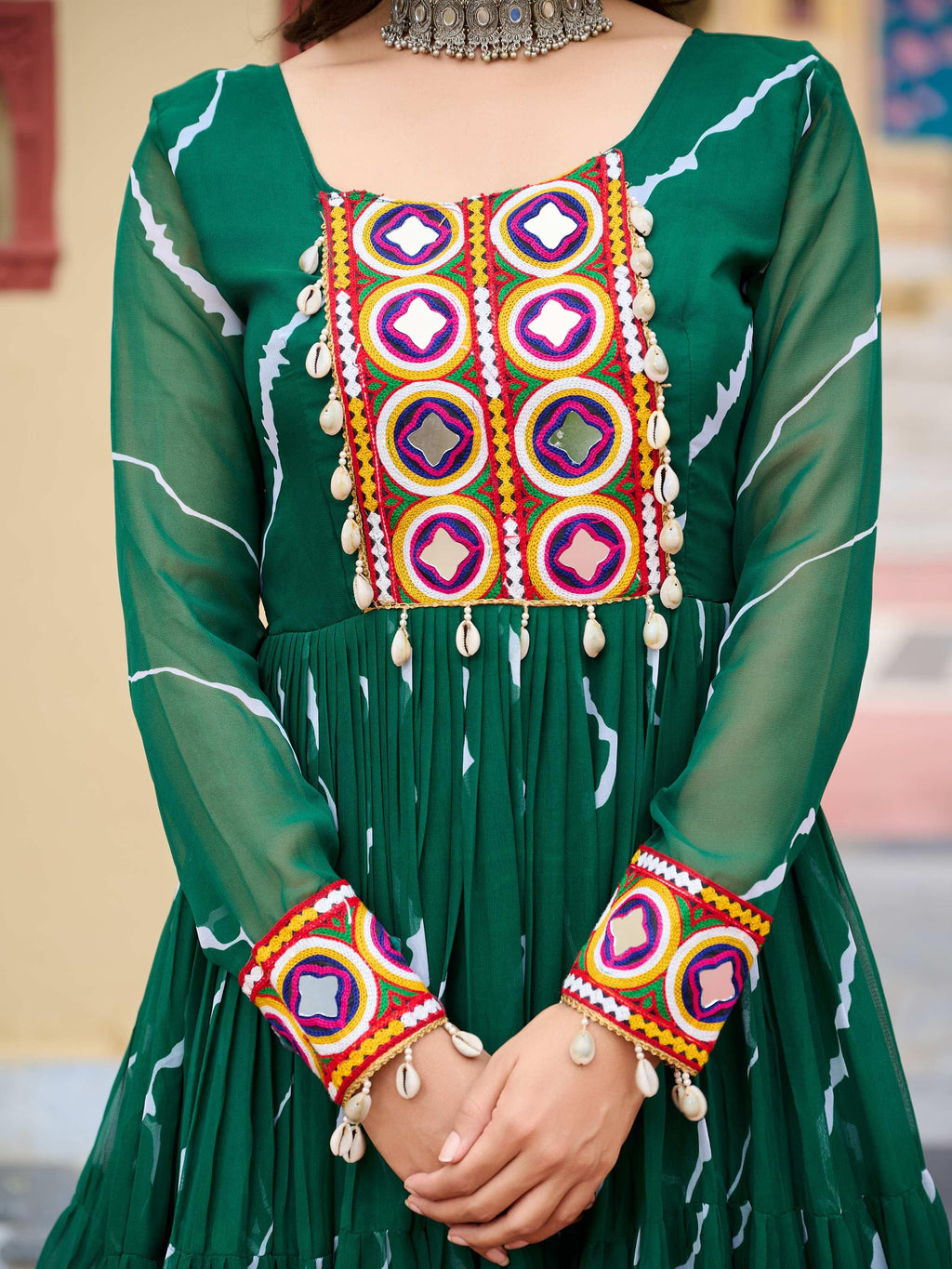 Green bandhani print georgette navratri gown with kutchi patchwork