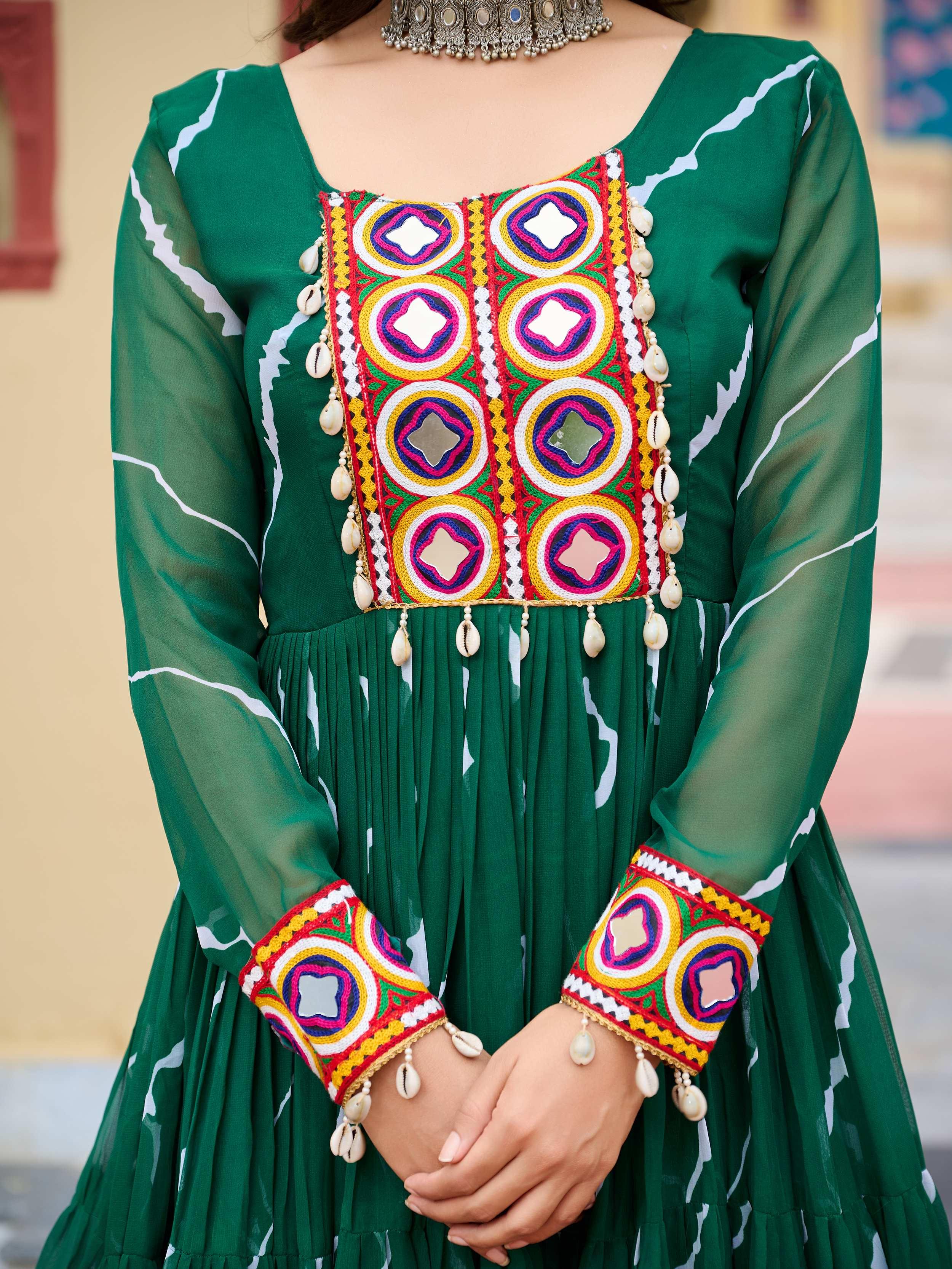 Green bandhani print georgette navratri gown with kutchi patchwork