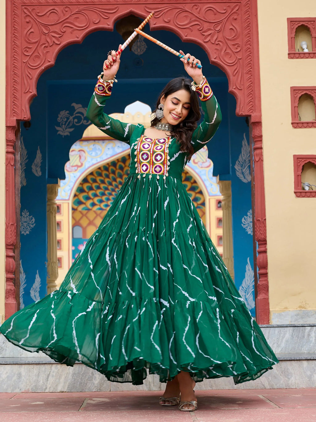  Green bandhani print georgette navratri gown with kutchi patchwork