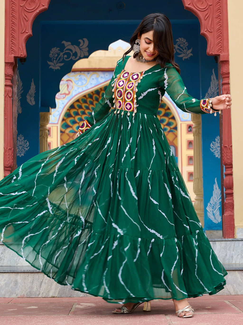  Green bandhani print georgette navratri gown with kutchi patchwork