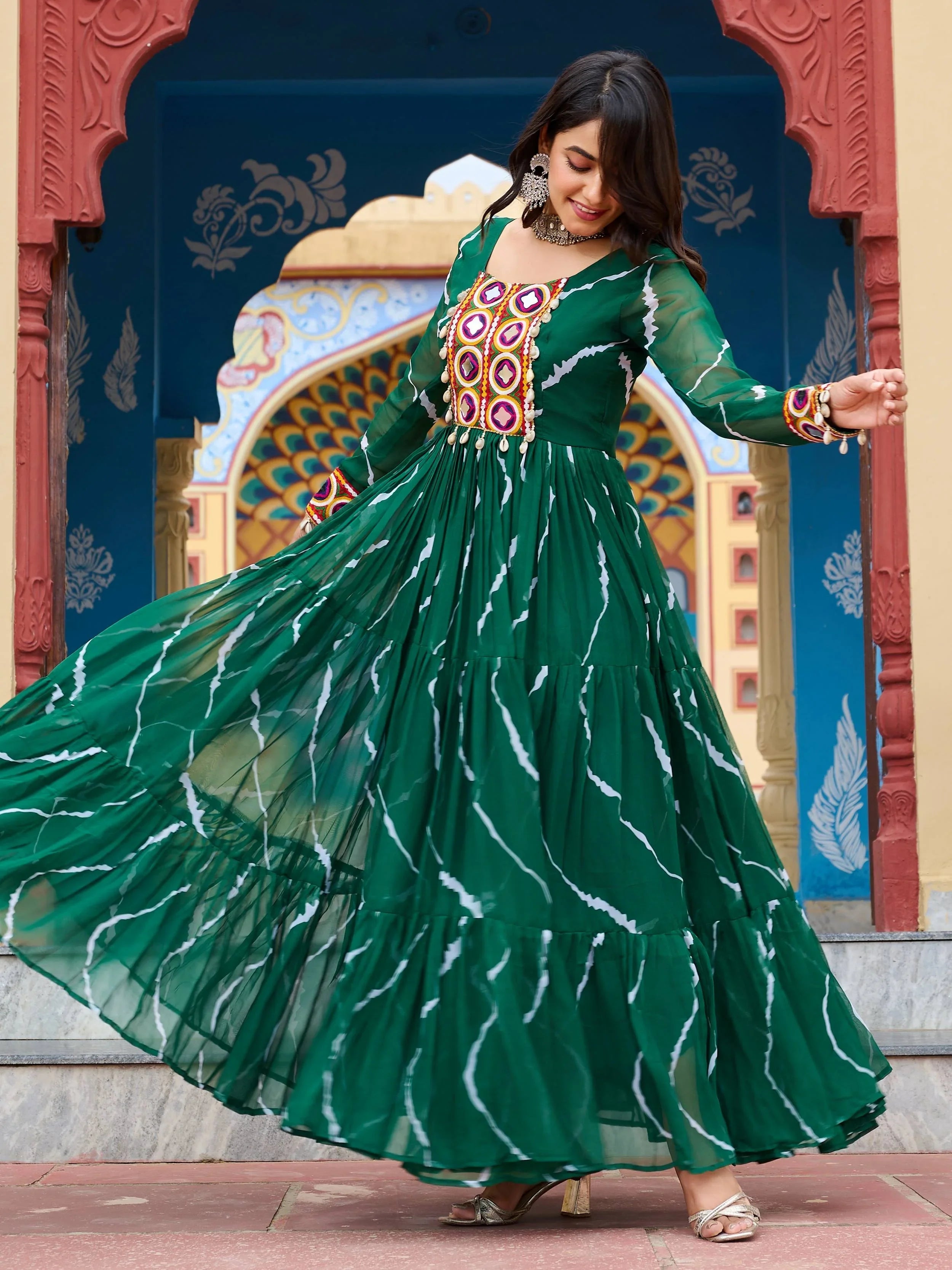  Green bandhani print georgette navratri gown with kutchi patchwork