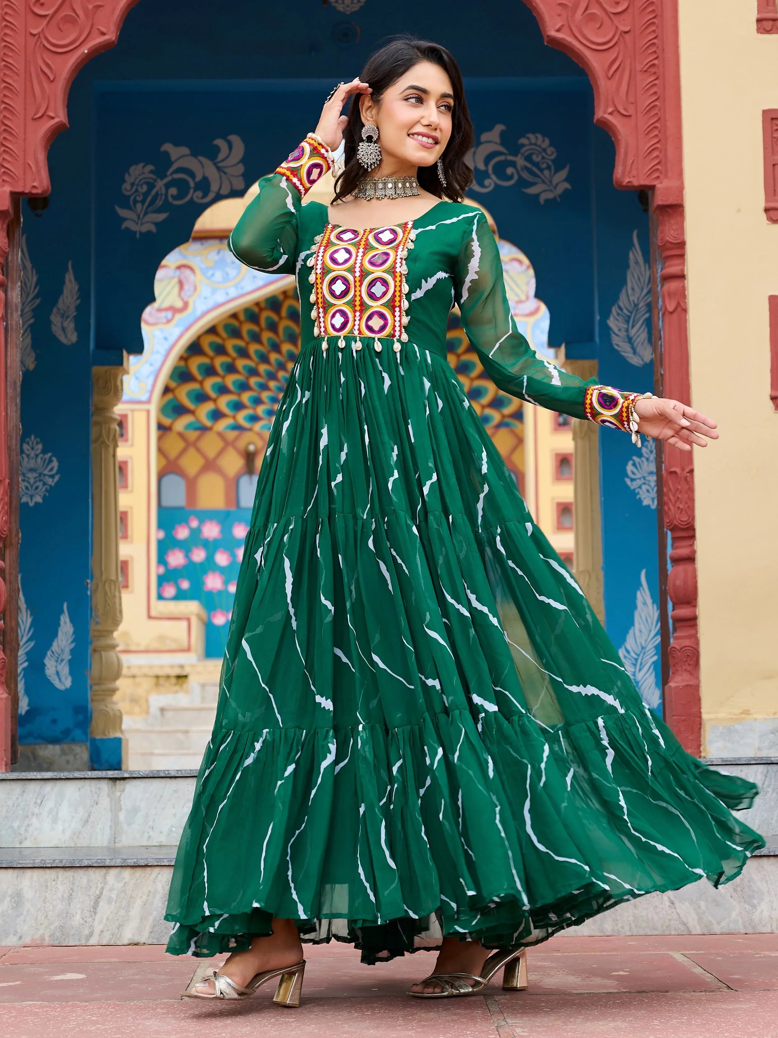 Green bandhani print georgette navratri gown with kutchi patchwork