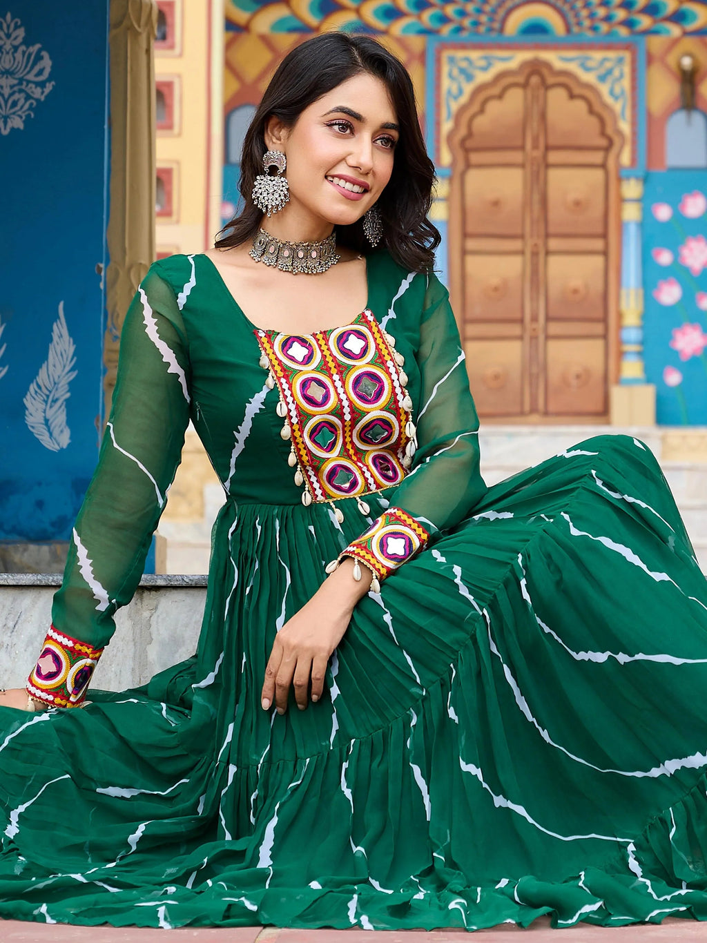 Green bandhani print georgette navratri gown with kutchi patchwork