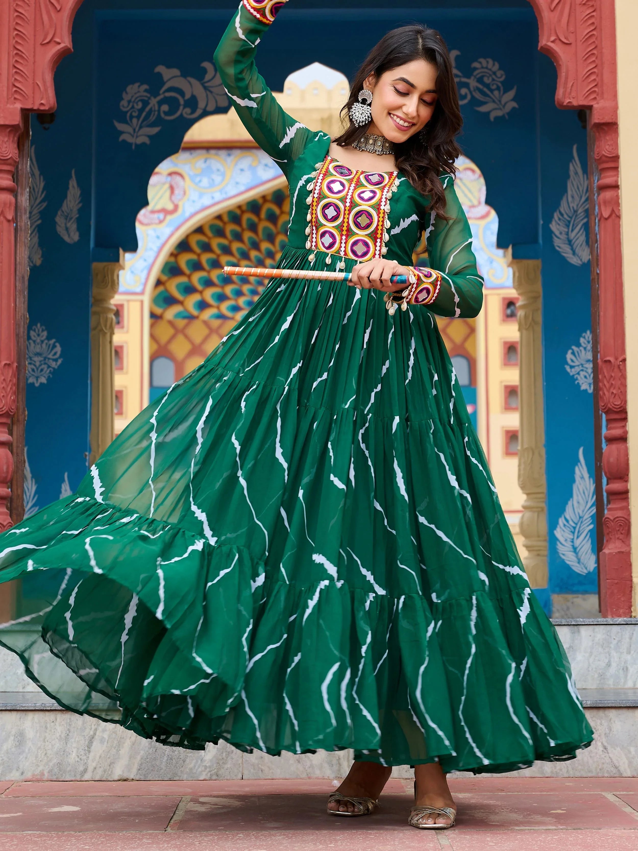Green bandhani print georgette navratri gown with kutchi patchwork