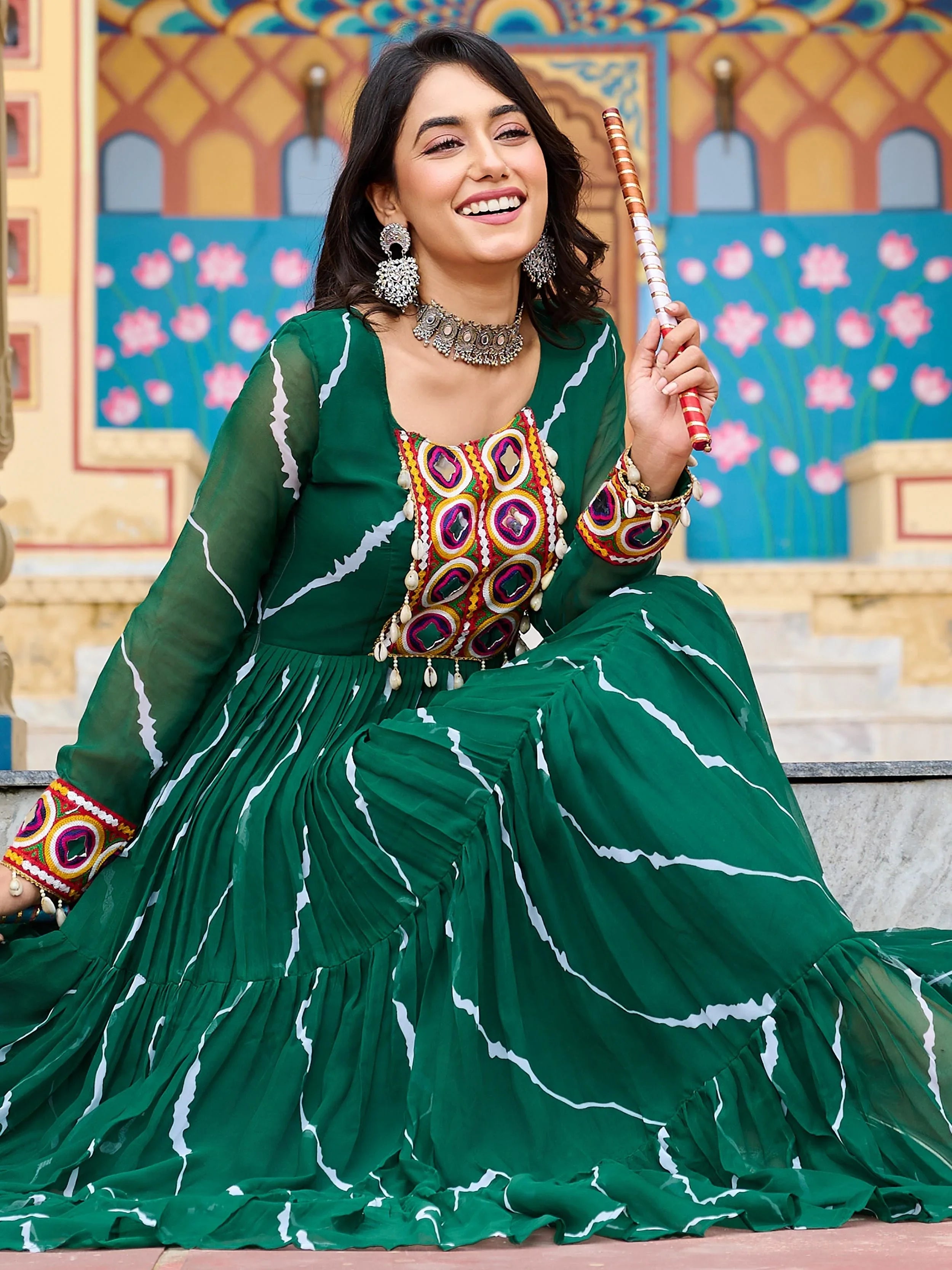 Green bandhani print georgette navratri gown with kutchi patchwork