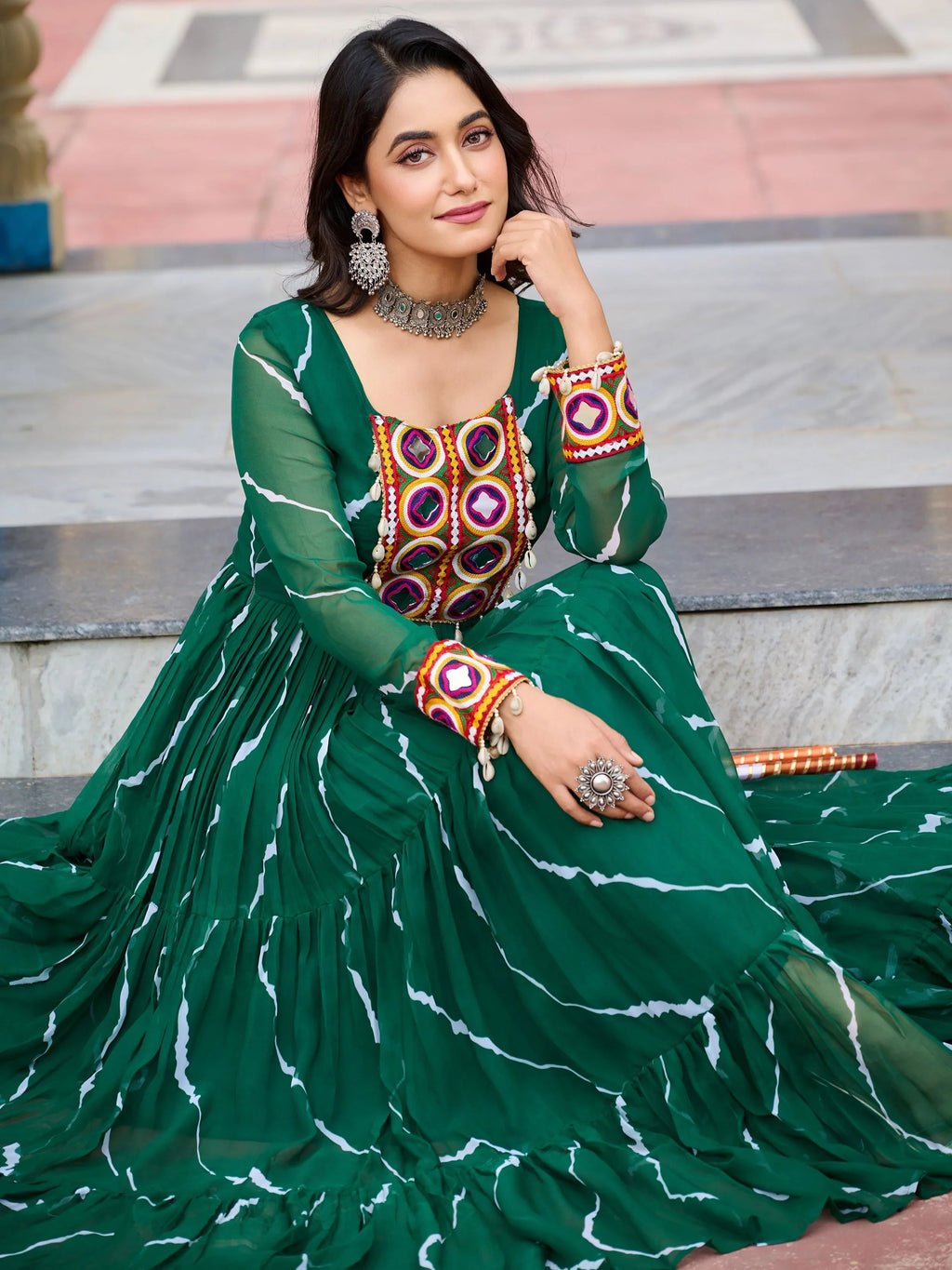Green bandhani print georgette navratri gown with kutchi patchwork