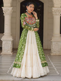 Green bandhani print kurti with kutchi patchwork kora cotton lehenga
