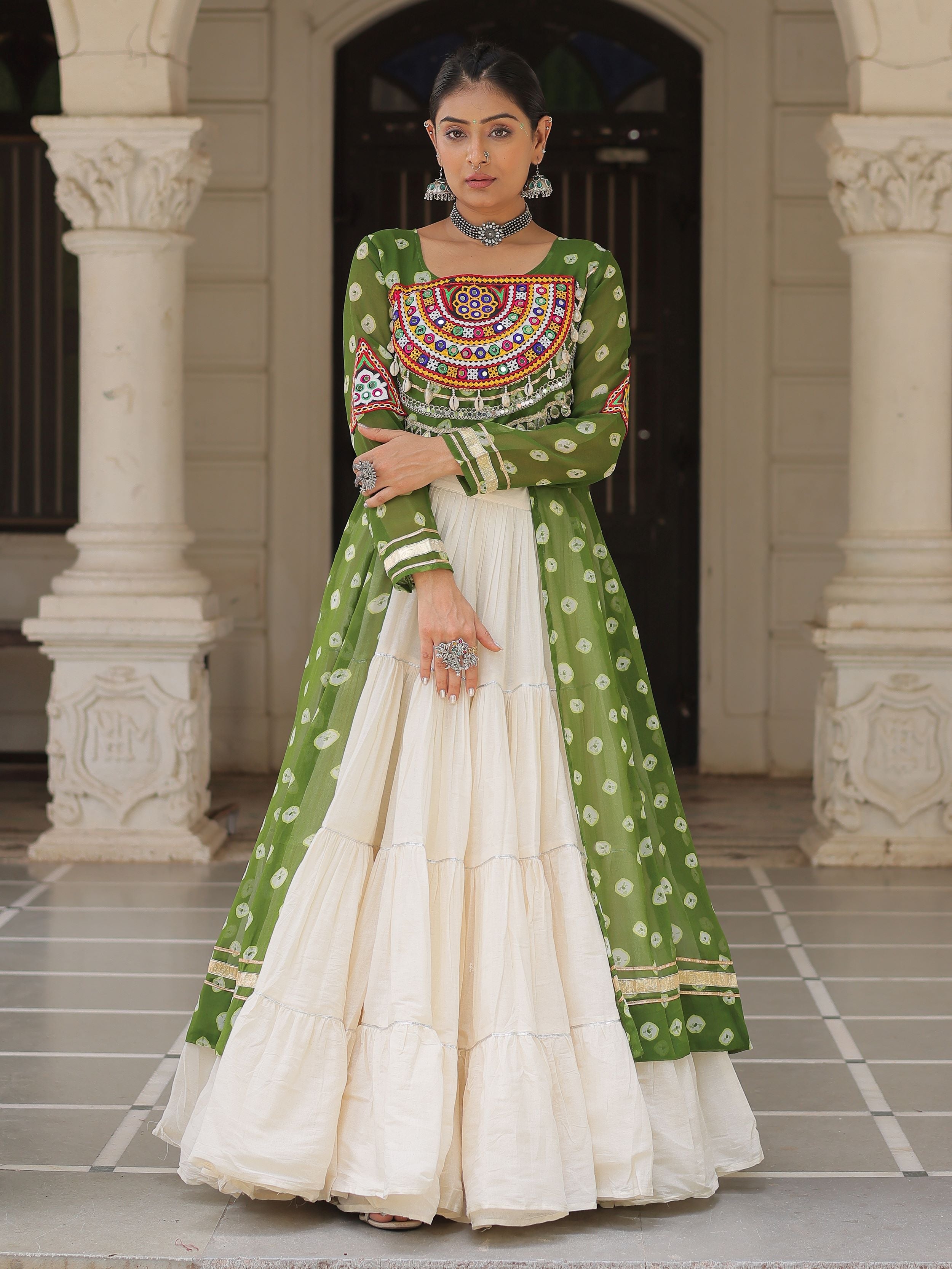 Green bandhani print kurti with kutchi patchwork kora cotton lehenga