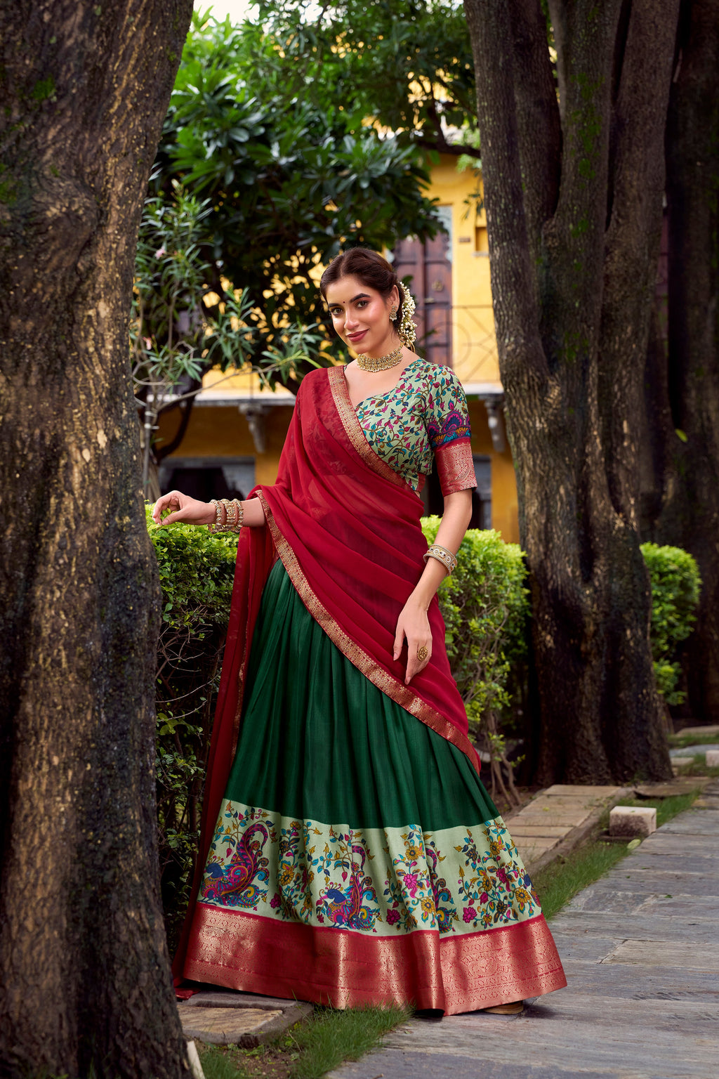 Avni green Aastha silk printed zari weaving half saree lehenga