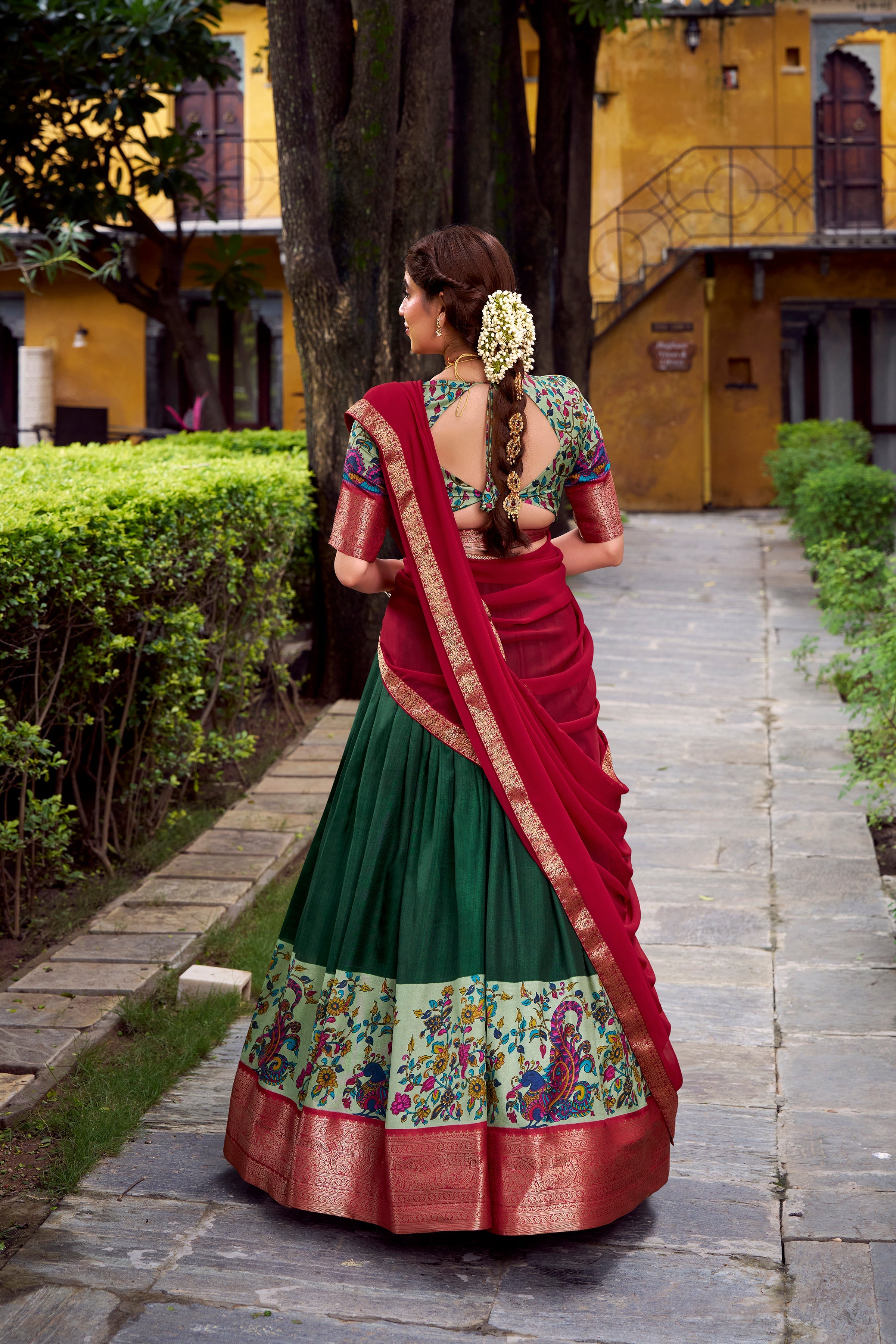 Avni green Aastha silk printed zari weaving half saree lehenga
