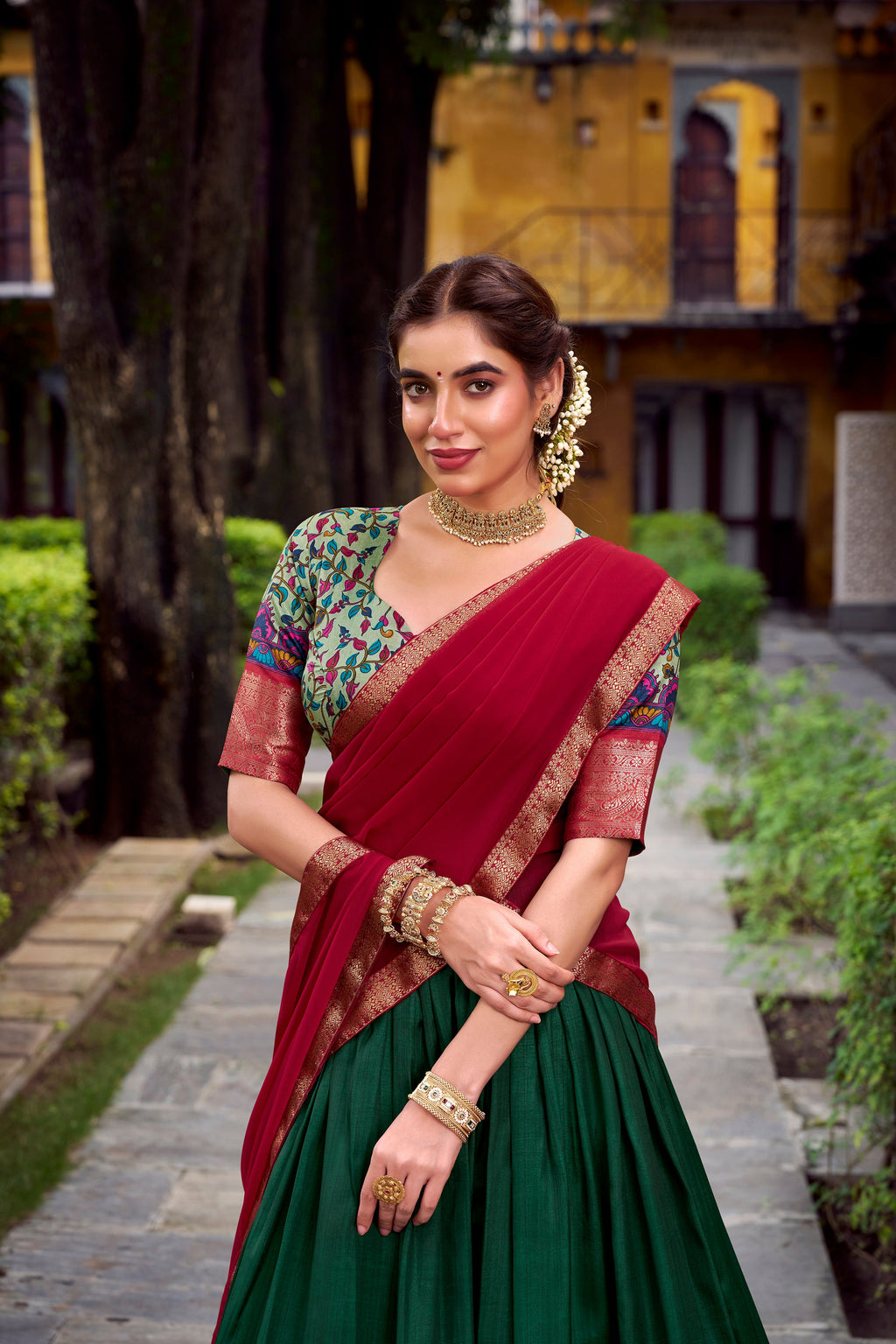 Avni green Aastha silk printed zari weaving half saree lehenga