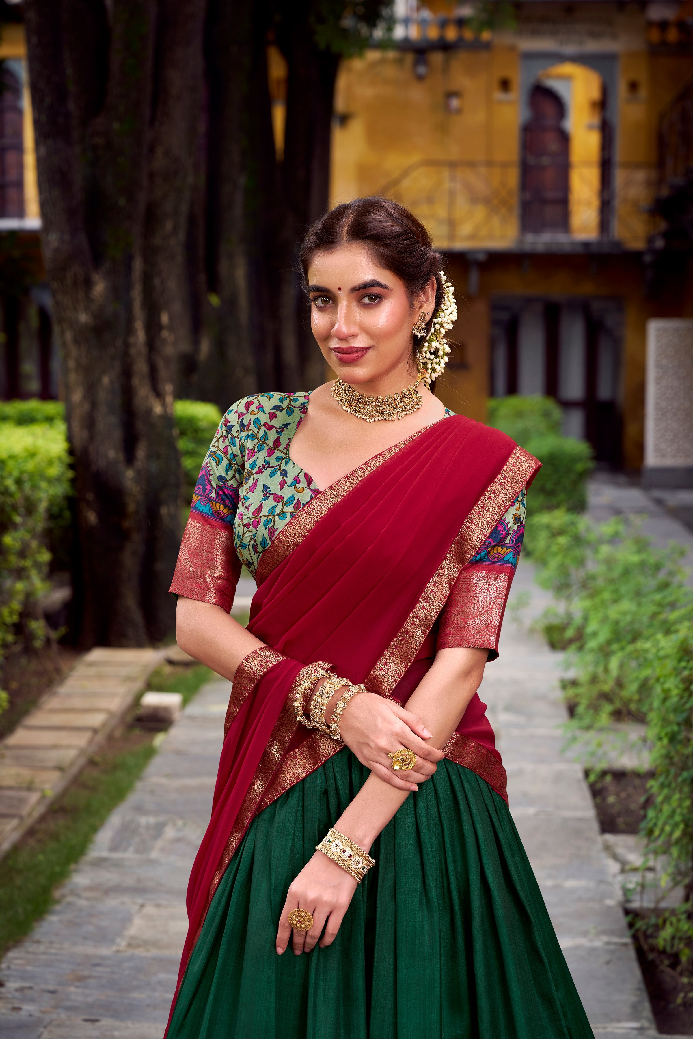 Avni green Aastha silk printed zari weaving half saree lehenga