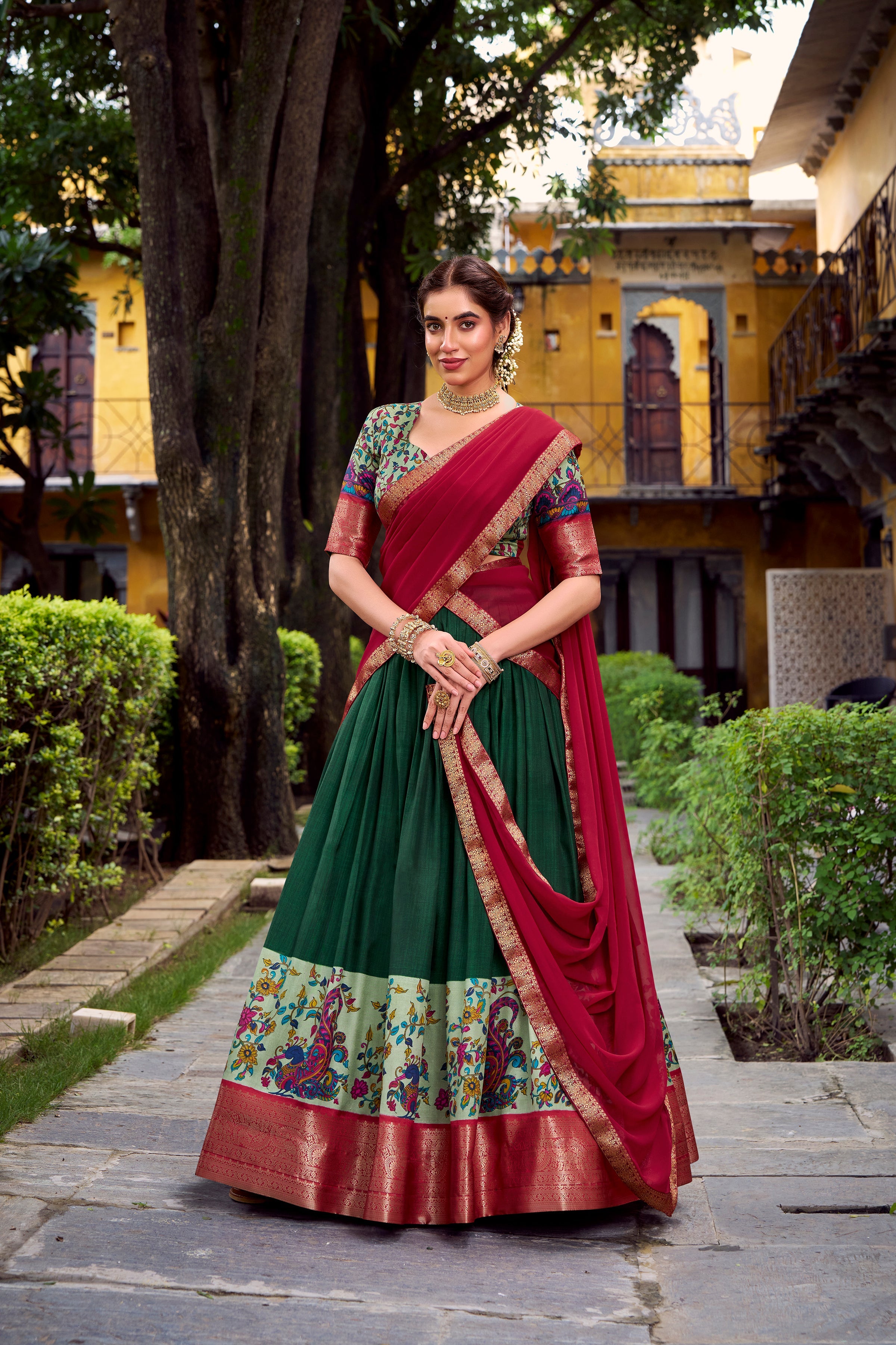 Avni green Aastha silk printed zari weaving half saree lehenga