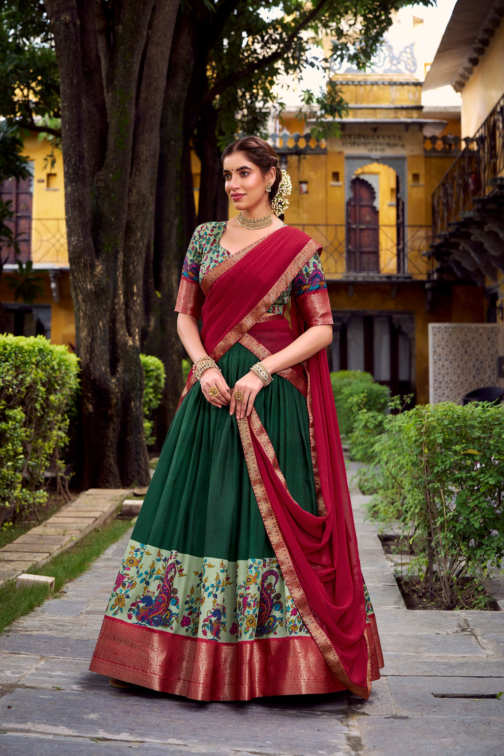Avni green Aastha silk printed zari weaving half saree lehenga