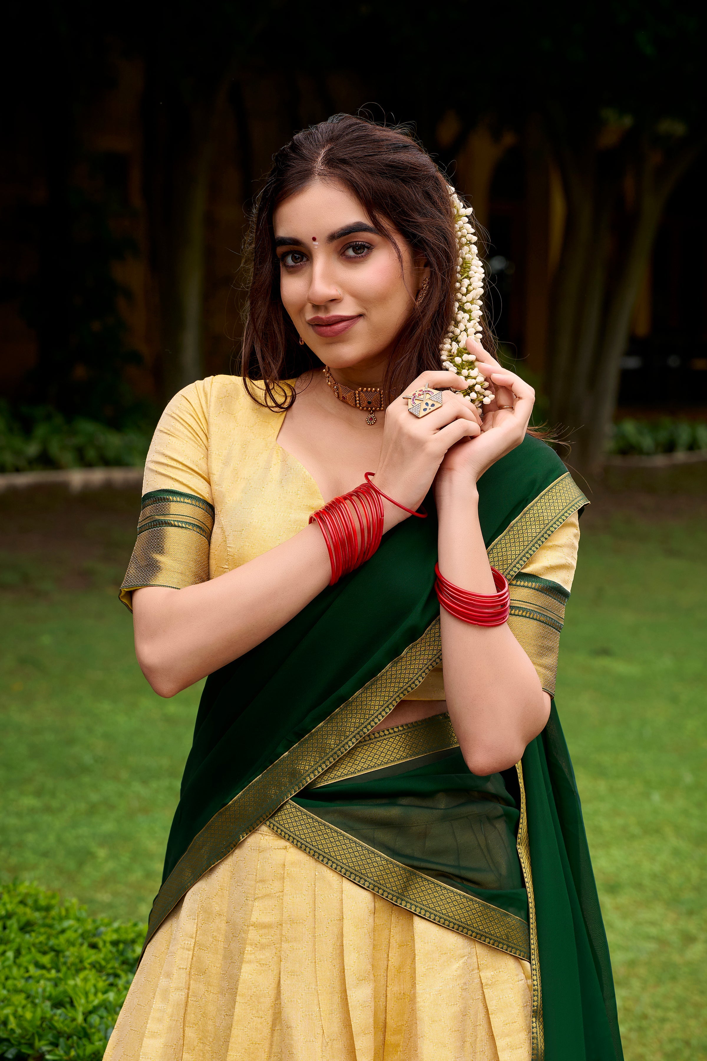 Green Kanchipuram silk zari weaving half saree lehenga choli