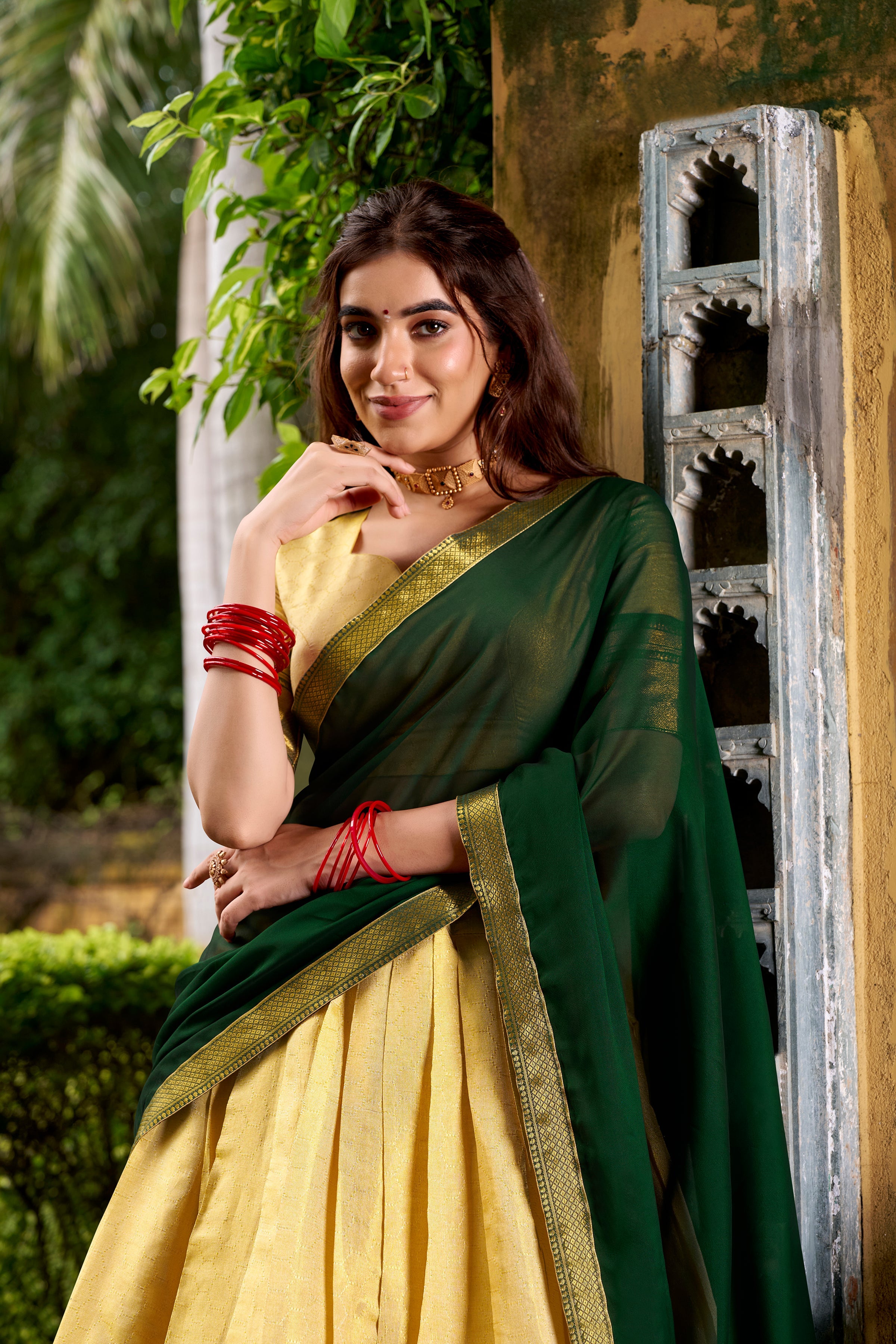 Green Kanchipuram silk zari weaving half saree lehenga choli