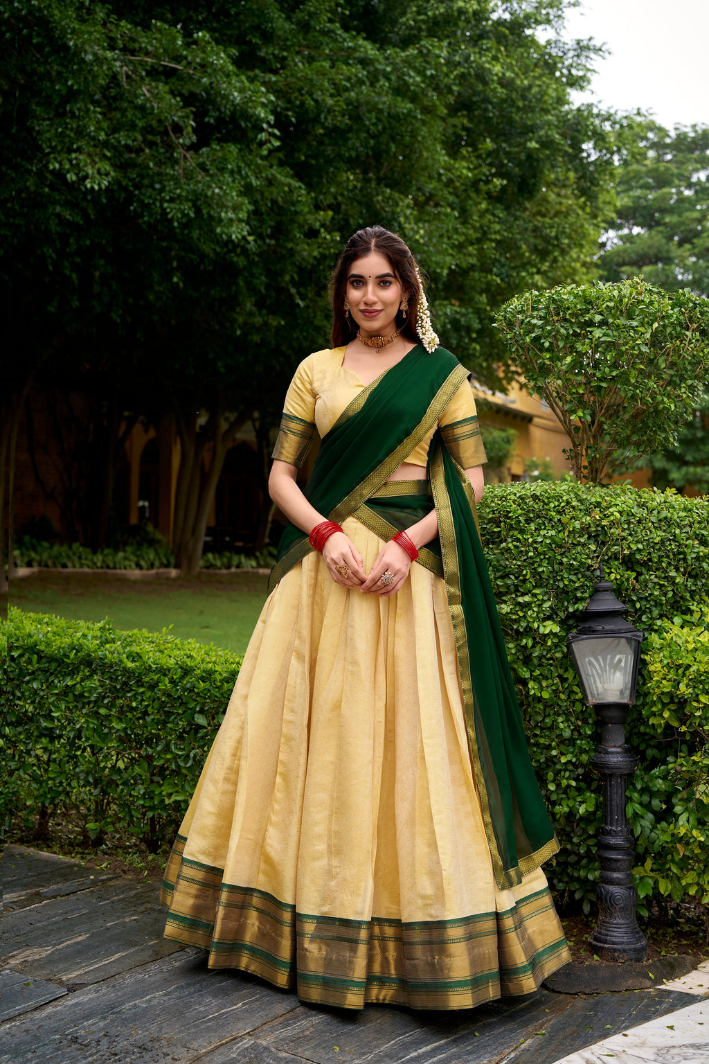 Green Kanchipuram silk zari weaving half saree lehenga choli