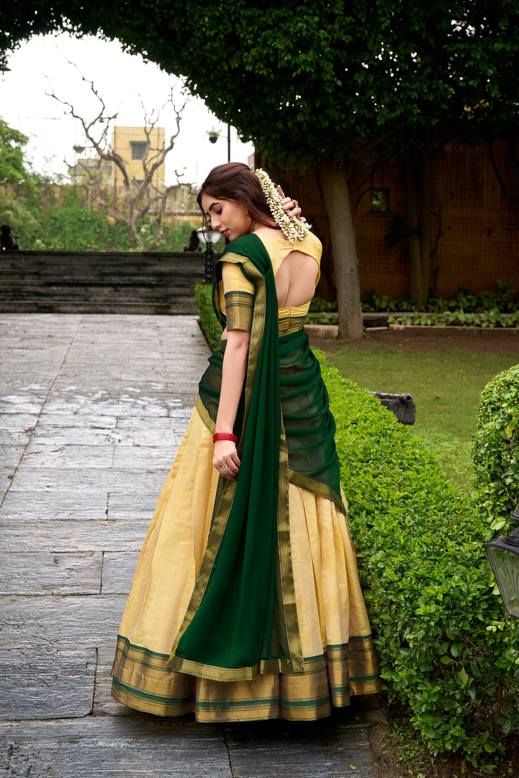 Green Kanchipuram silk zari weaving half saree lehenga choli