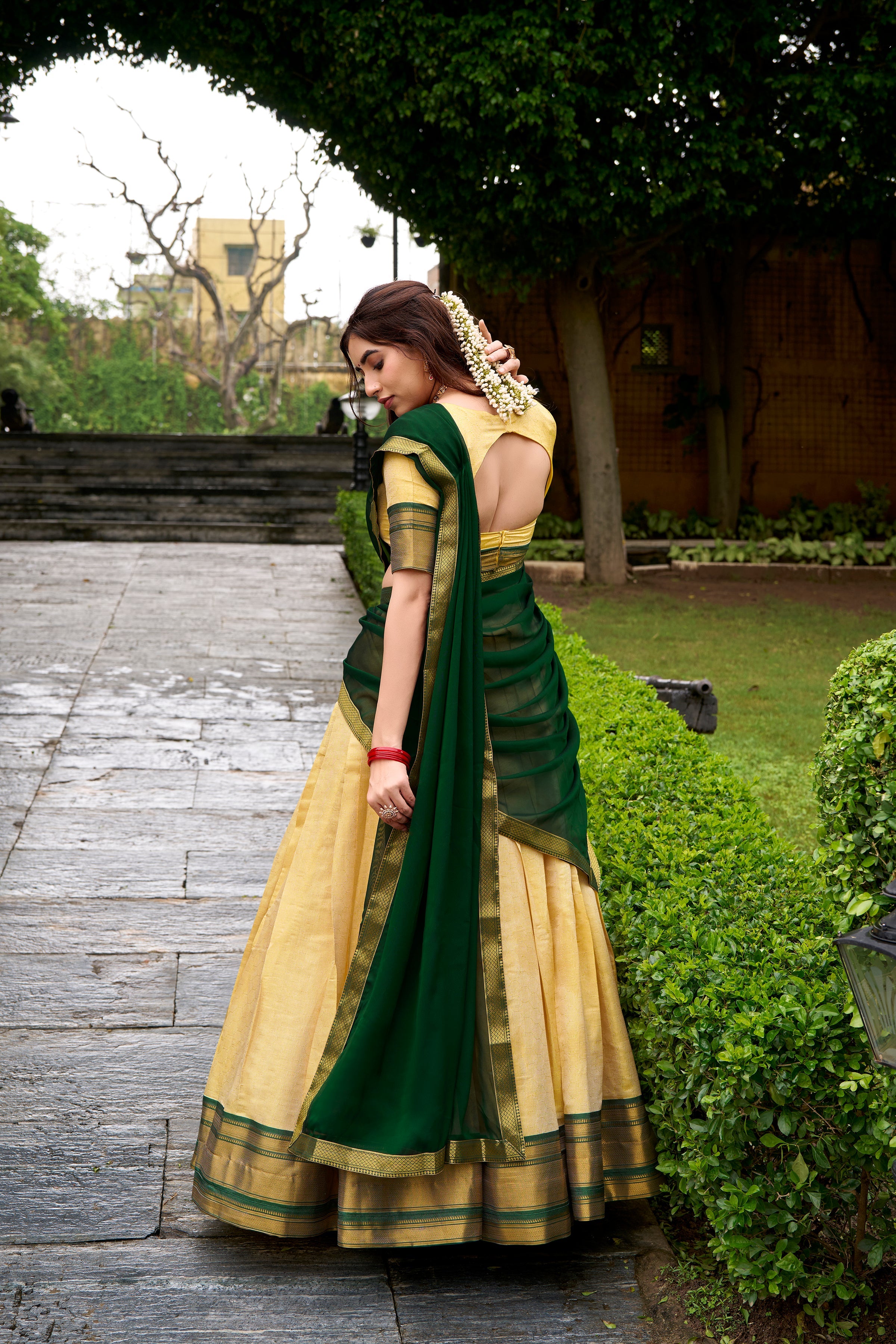 Green Kanchipuram silk zari weaving half saree lehenga choli