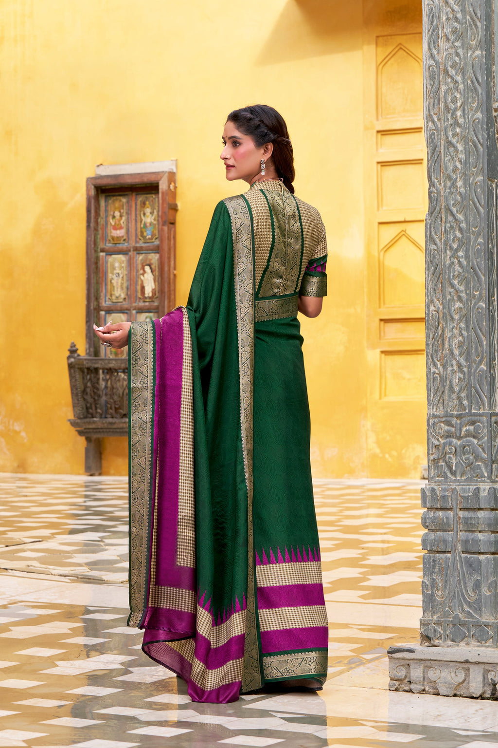 Green poly cotton printed saree with zari weaving border and blouse
