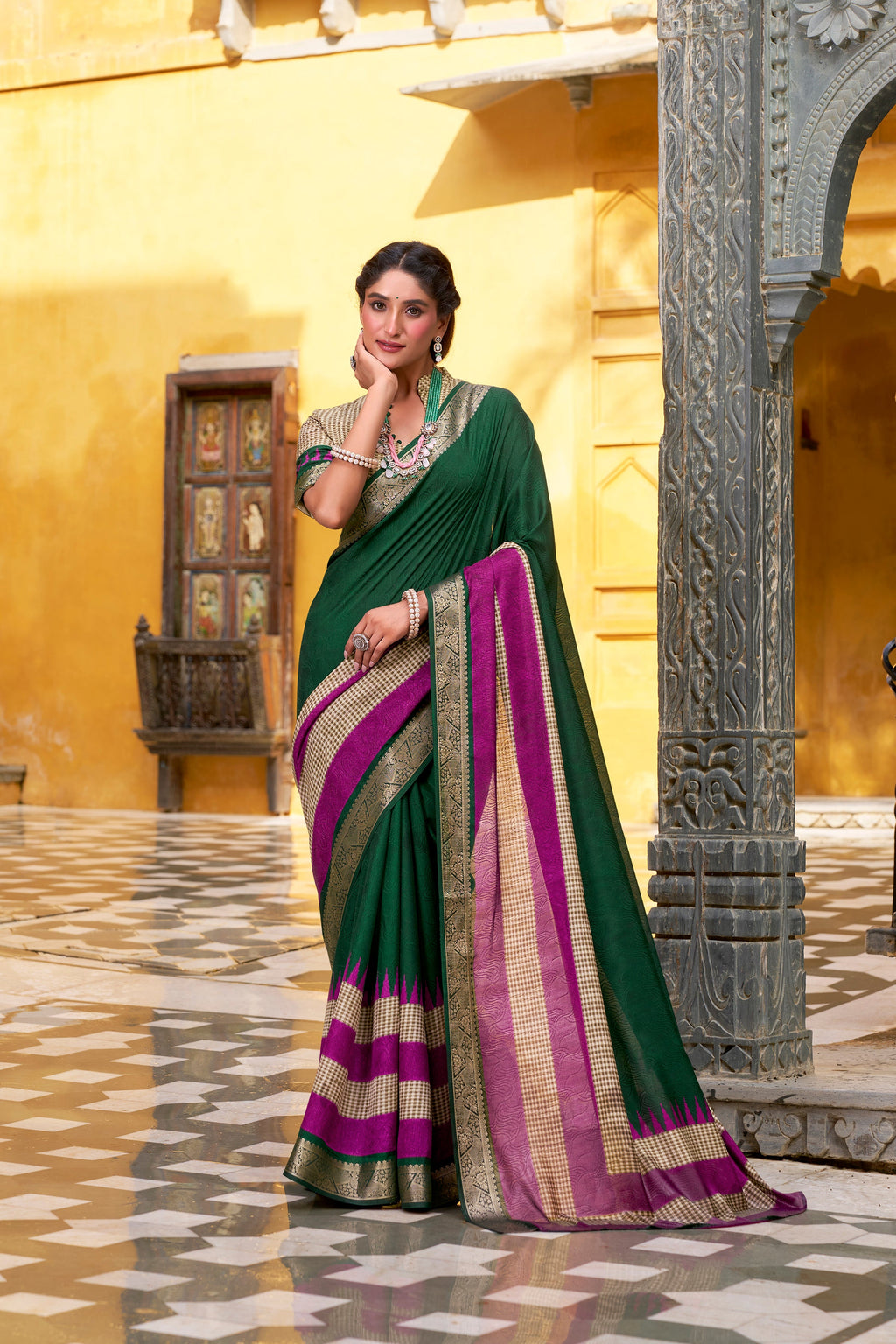 Green poly cotton printed saree with zari weaving border and blouse