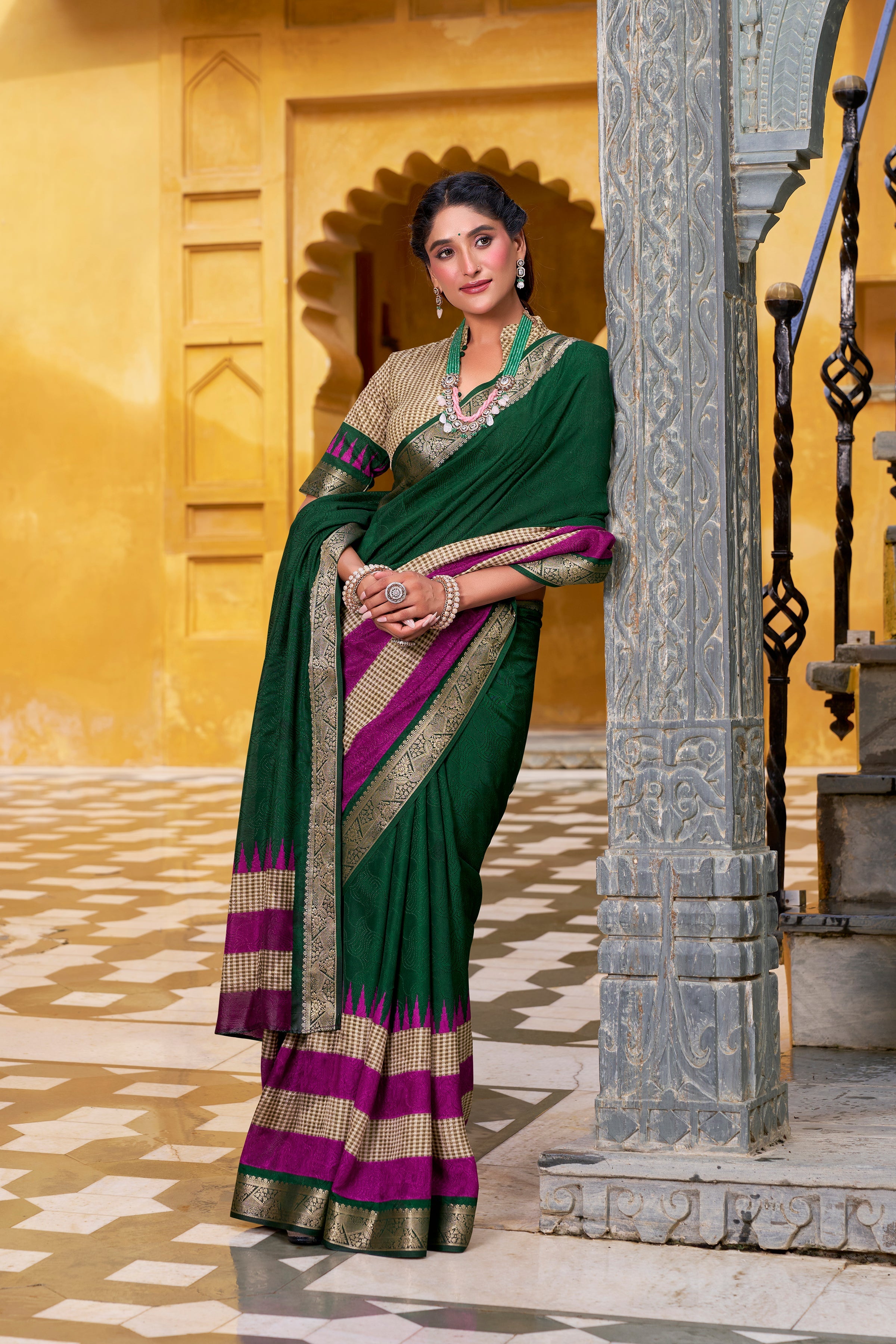 Green poly cotton printed saree with zari weaving border and blouse