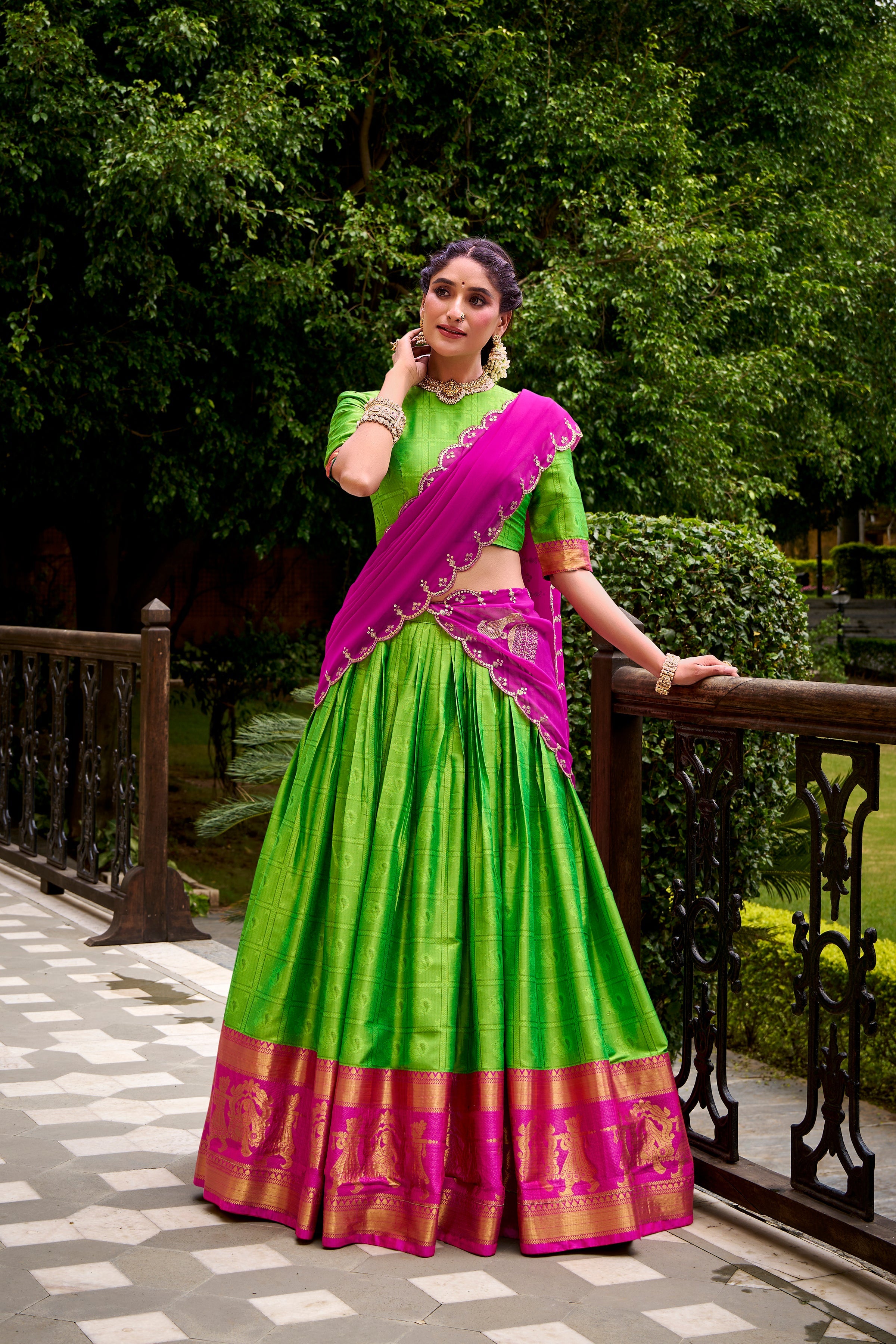 Green poly cotton zari weaving half saree lehenga choli