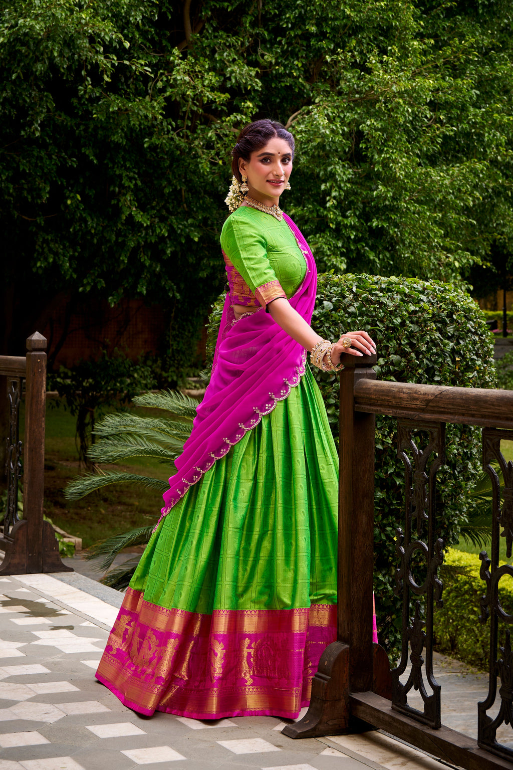 Green poly cotton zari weaving half saree lehenga choli