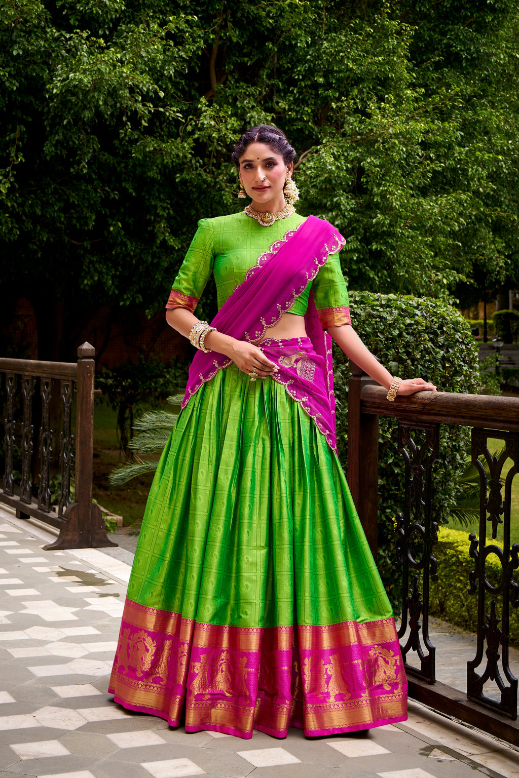 Green poly cotton zari weaving half saree lehenga choli
