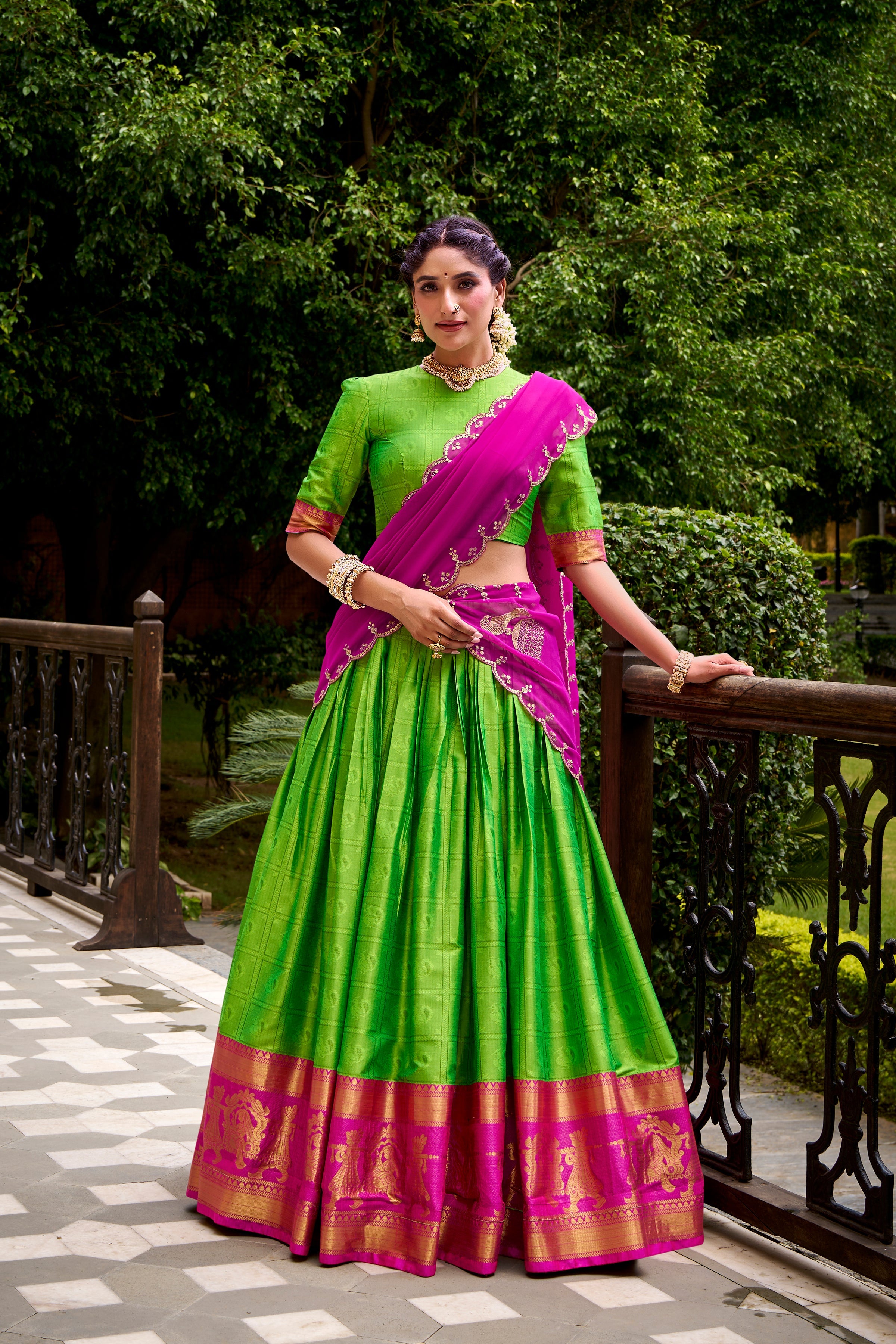 Green poly cotton zari weaving half saree lehenga choli