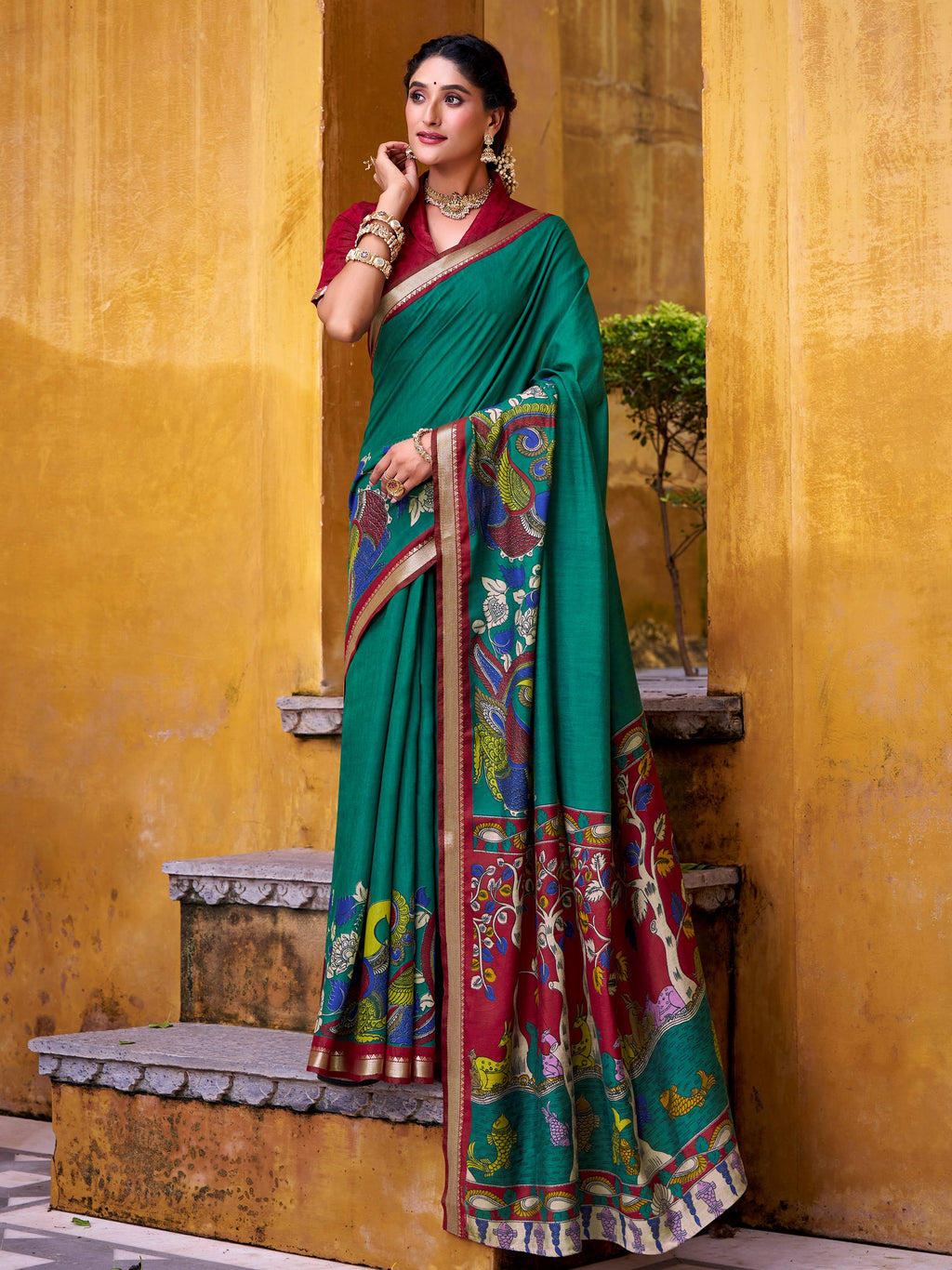 Green viscose Chanderi Kalamkari print zari weaving saree