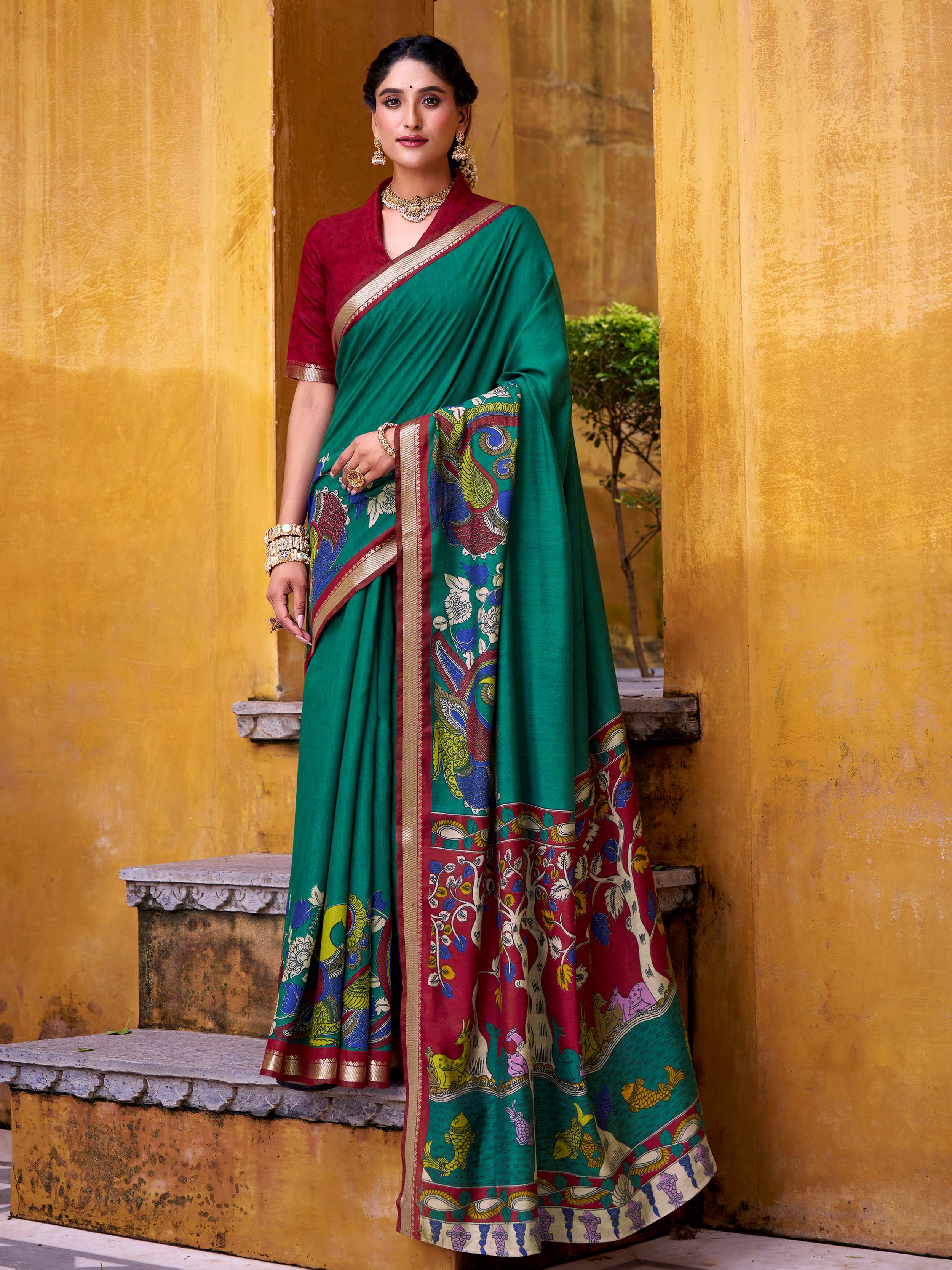 Green viscose Chanderi Kalamkari print zari weaving saree