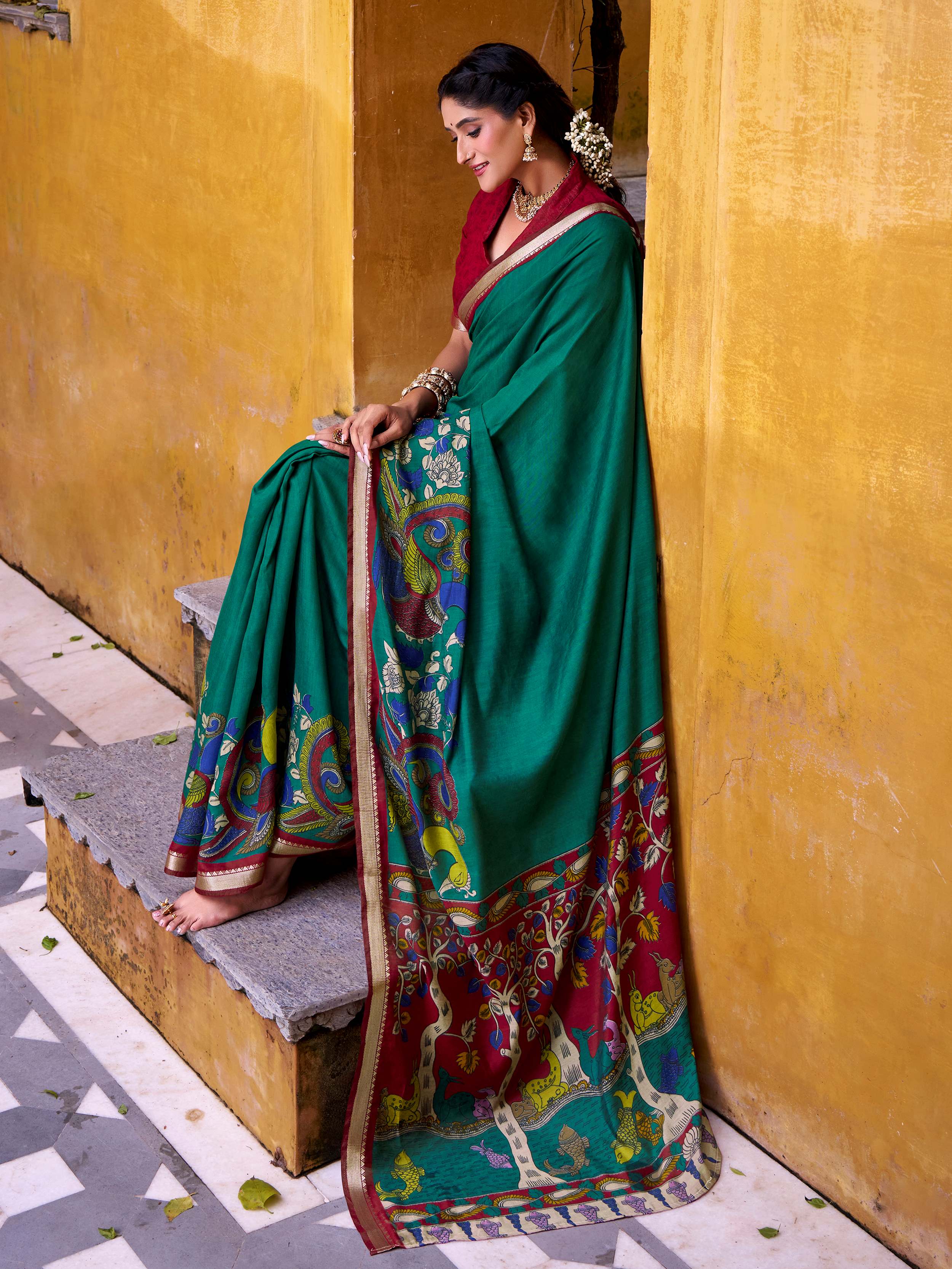 Green viscose Chanderi Kalamkari print zari weaving saree