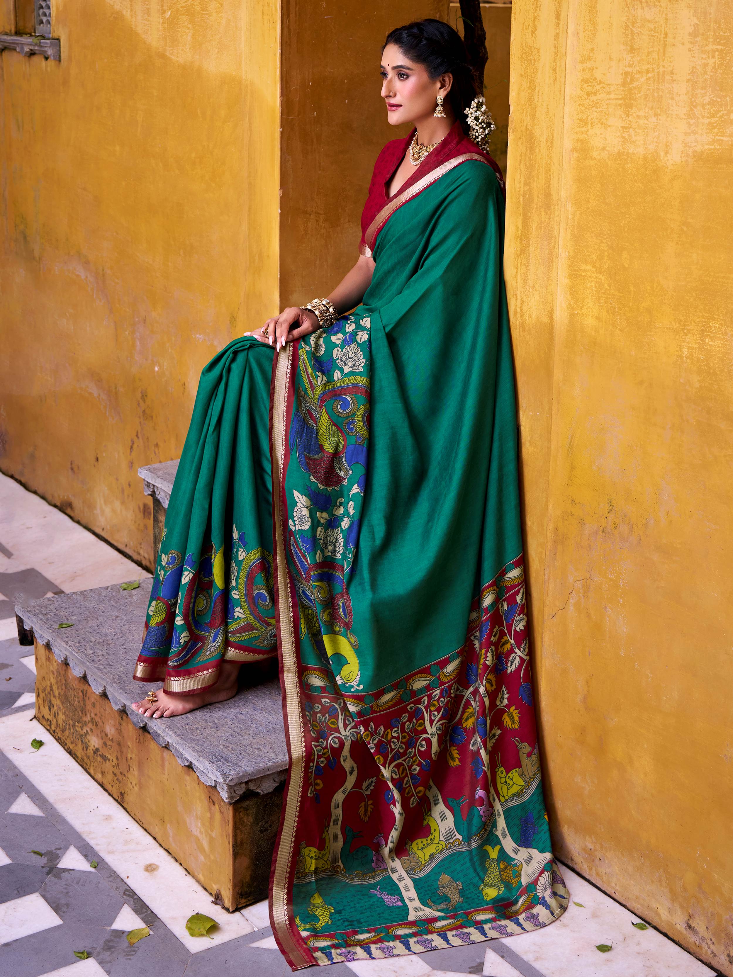 Green viscose Chanderi Kalamkari print zari weaving saree