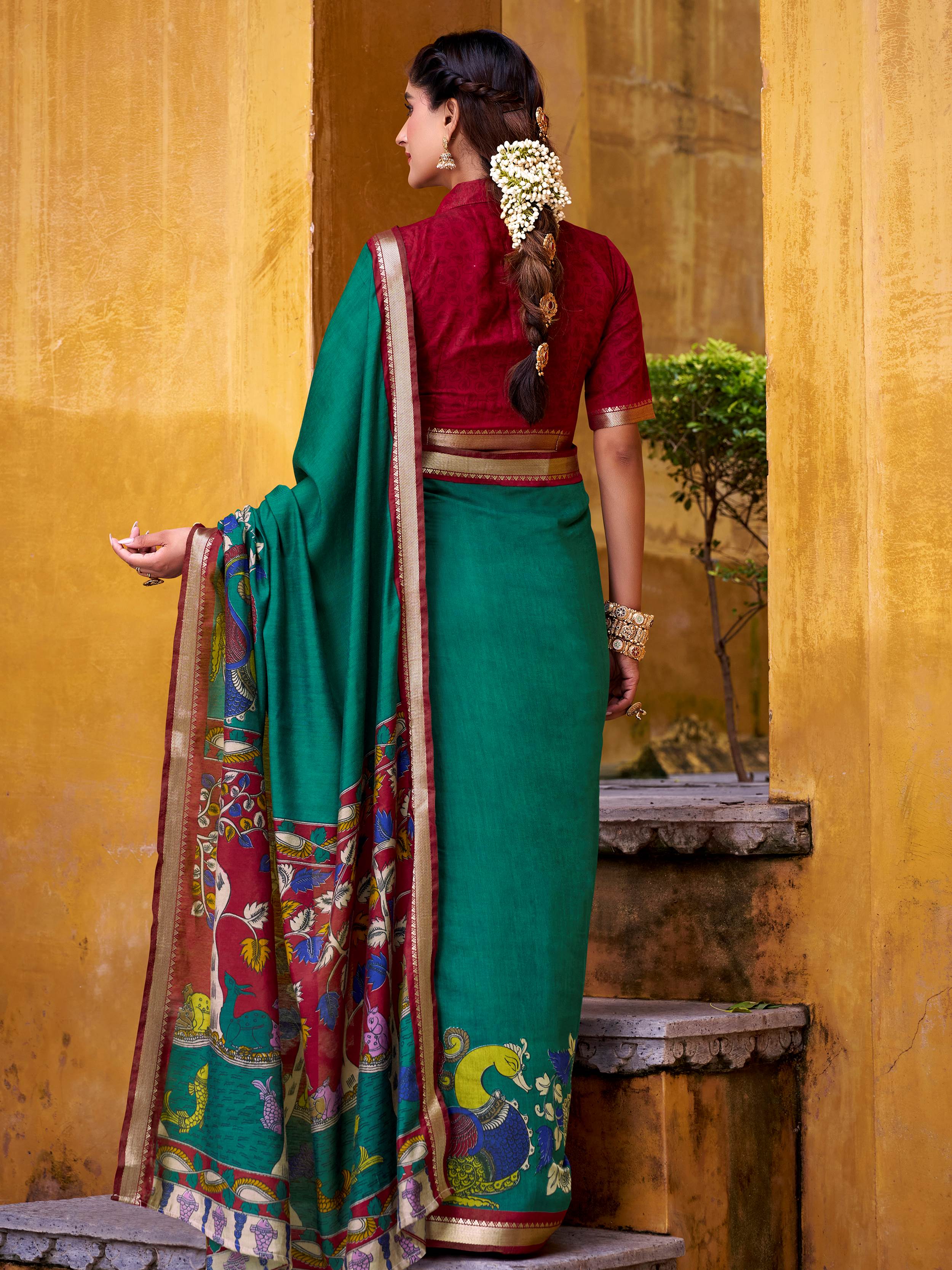 Green viscose Chanderi Kalamkari print zari weaving saree