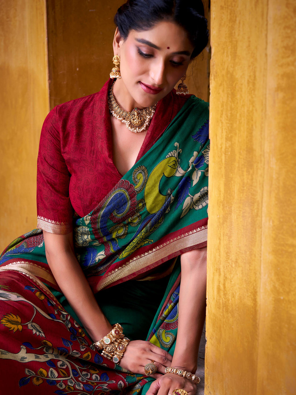 Green viscose Chanderi Kalamkari print zari weaving saree