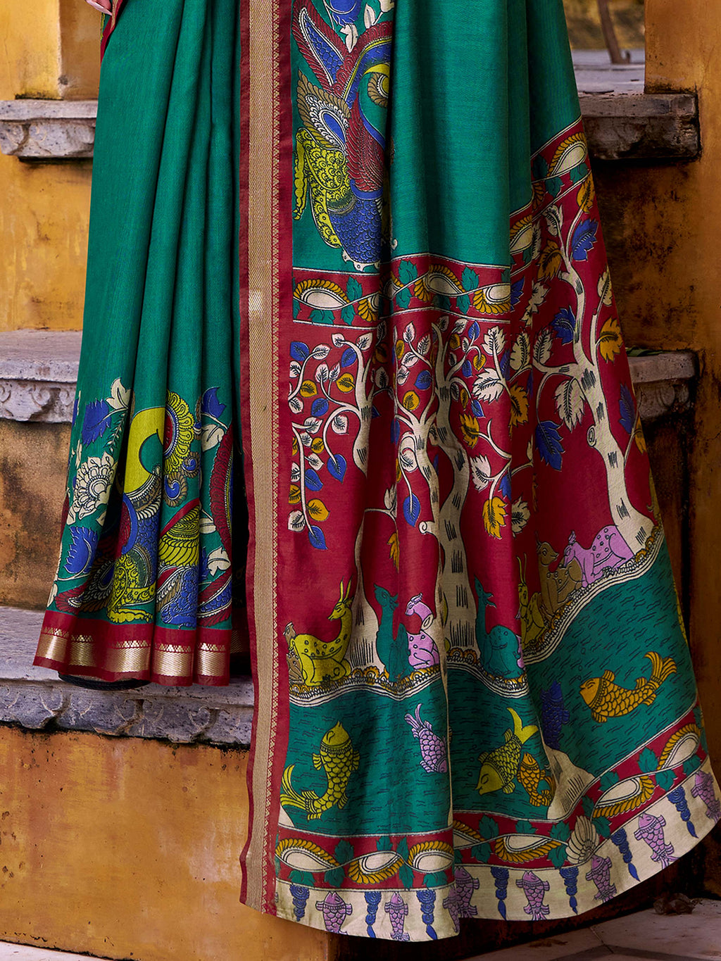 Green viscose Chanderi Kalamkari print zari weaving saree