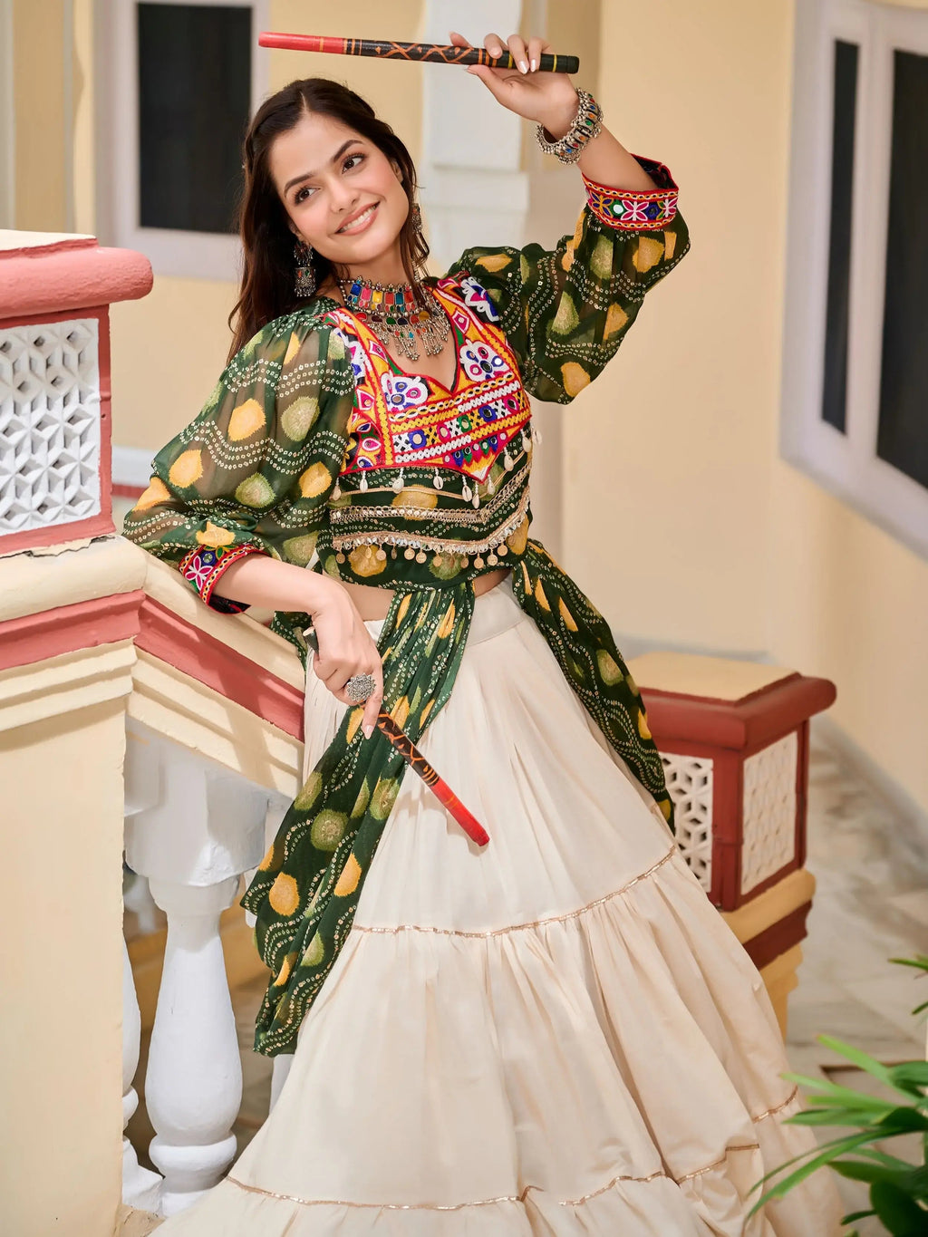 Green cotton Gamthi mirror and ribbon lace work lehenga shrug set