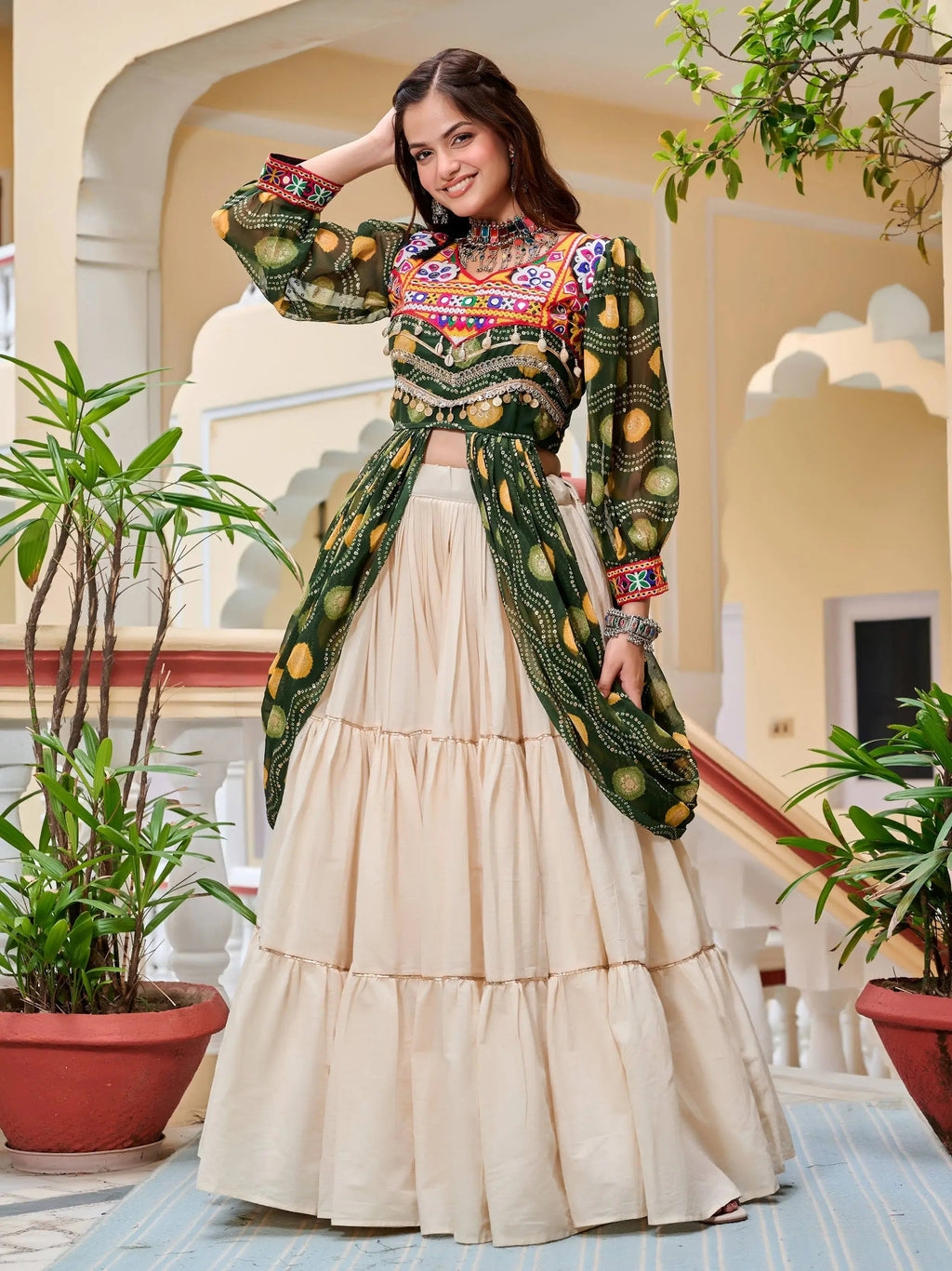 Green cotton Gamthi mirror and ribbon lace work lehenga shrug set