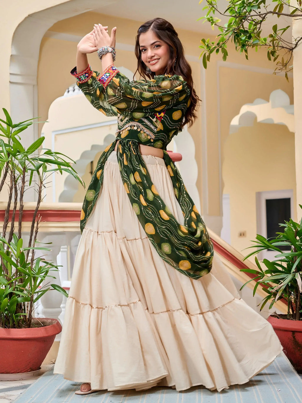 Green cotton Gamthi mirror and ribbon lace work lehenga shrug set