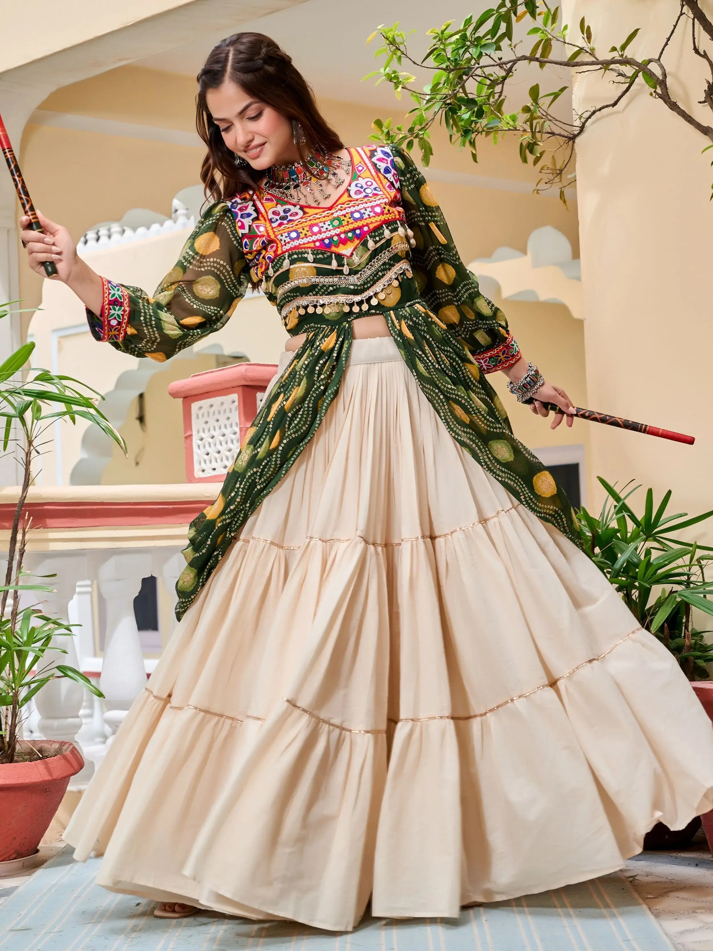 Green cotton Gamthi mirror and ribbon lace work lehenga shrug set