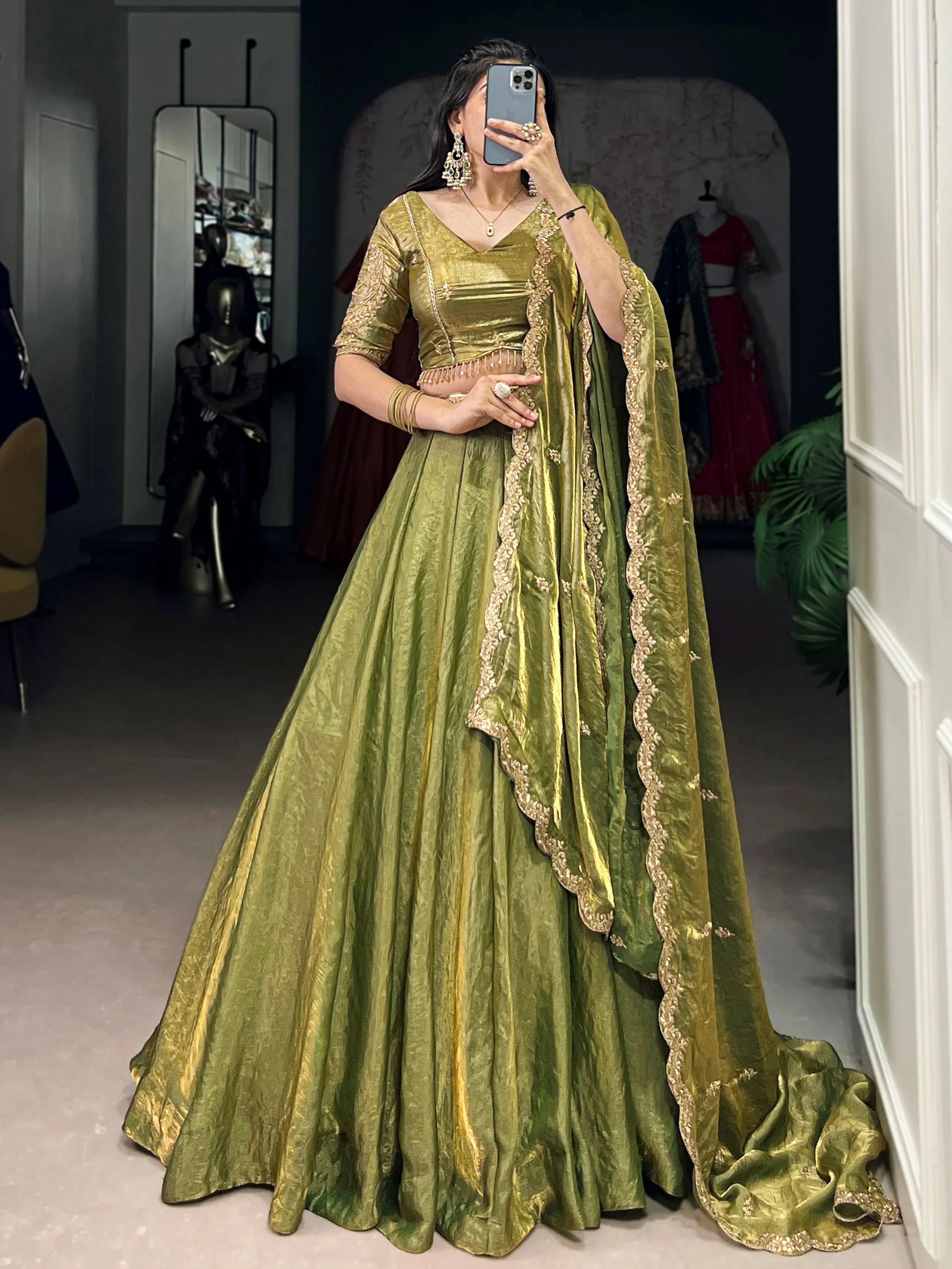 Green fendi embroidered lehenga choli with sequins thread work dupatta