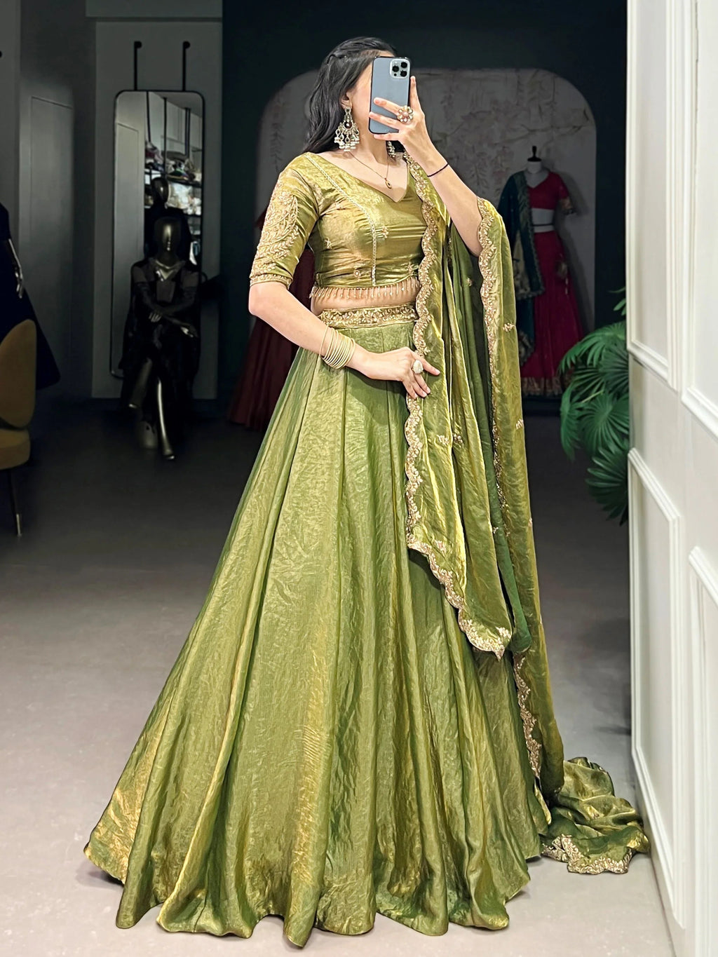 Green fendi embroidered lehenga choli with sequins thread work dupatta
