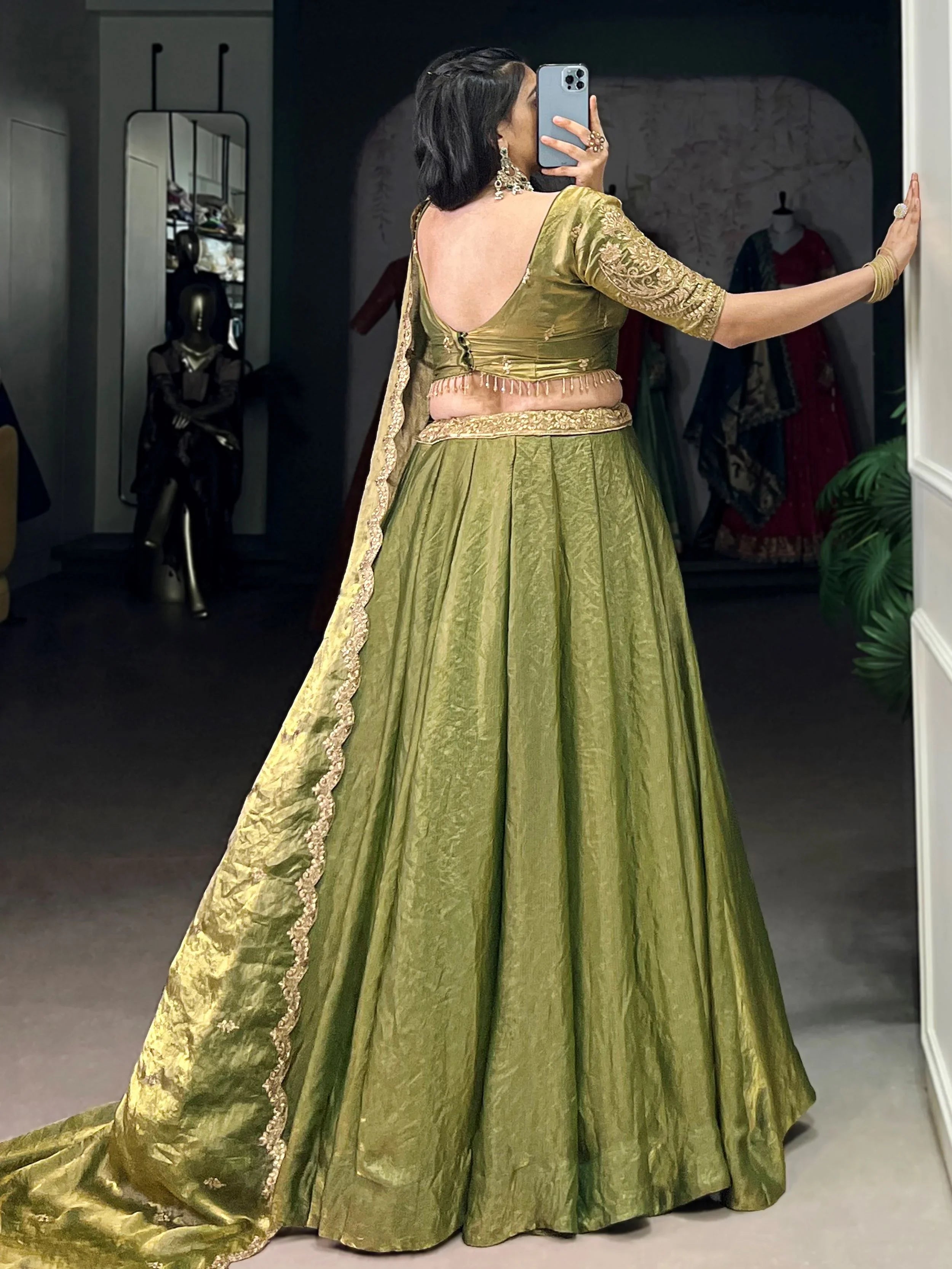 Green fendi embroidered lehenga choli with sequins thread work dupatta
