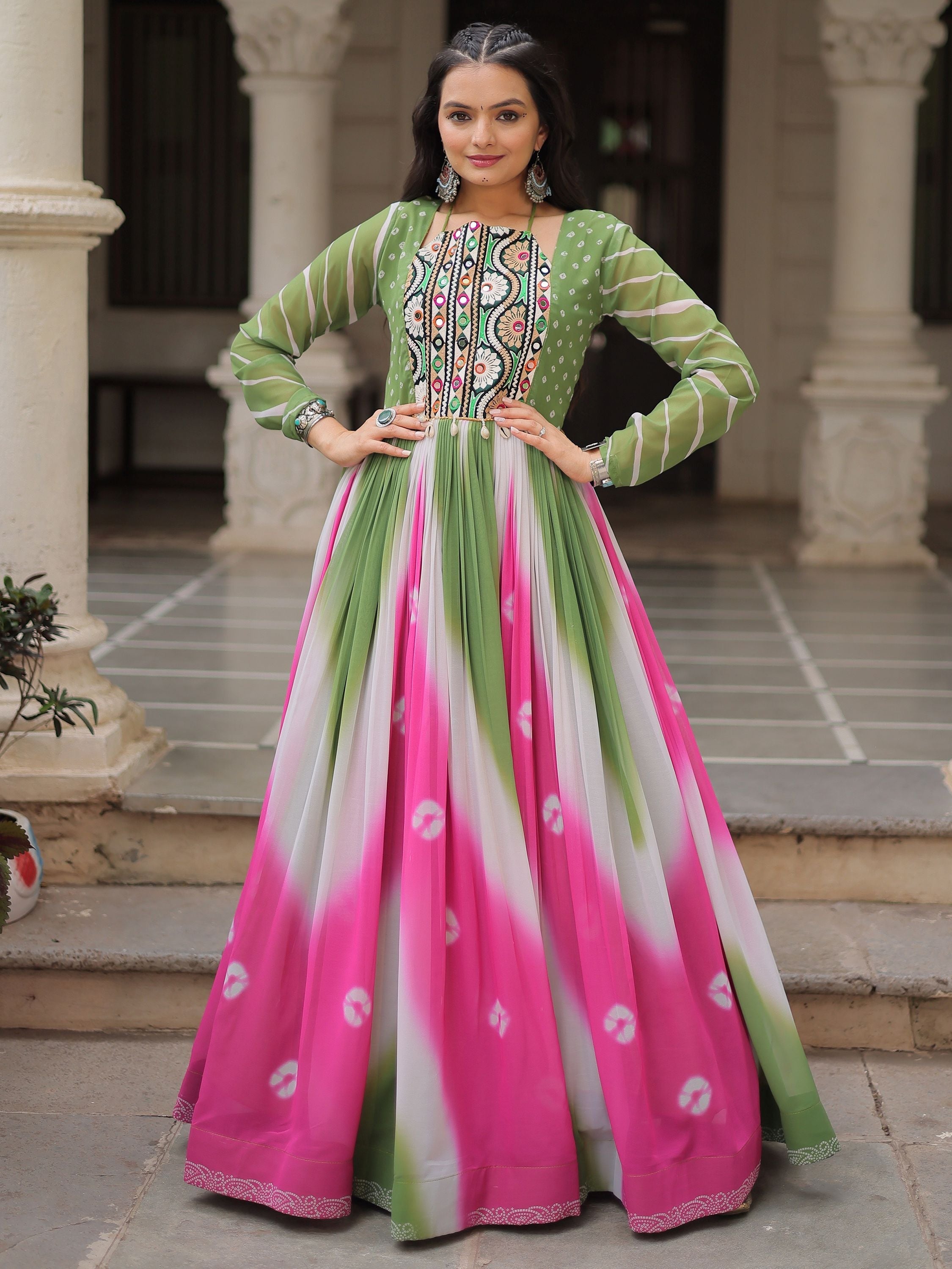 Green georgette Bandhej print Gamthi embroidery mirror work gown