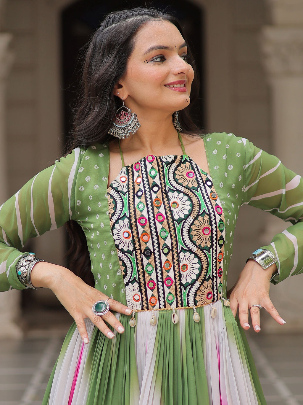Green georgette Bandhej print Gamthi embroidery mirror work gown